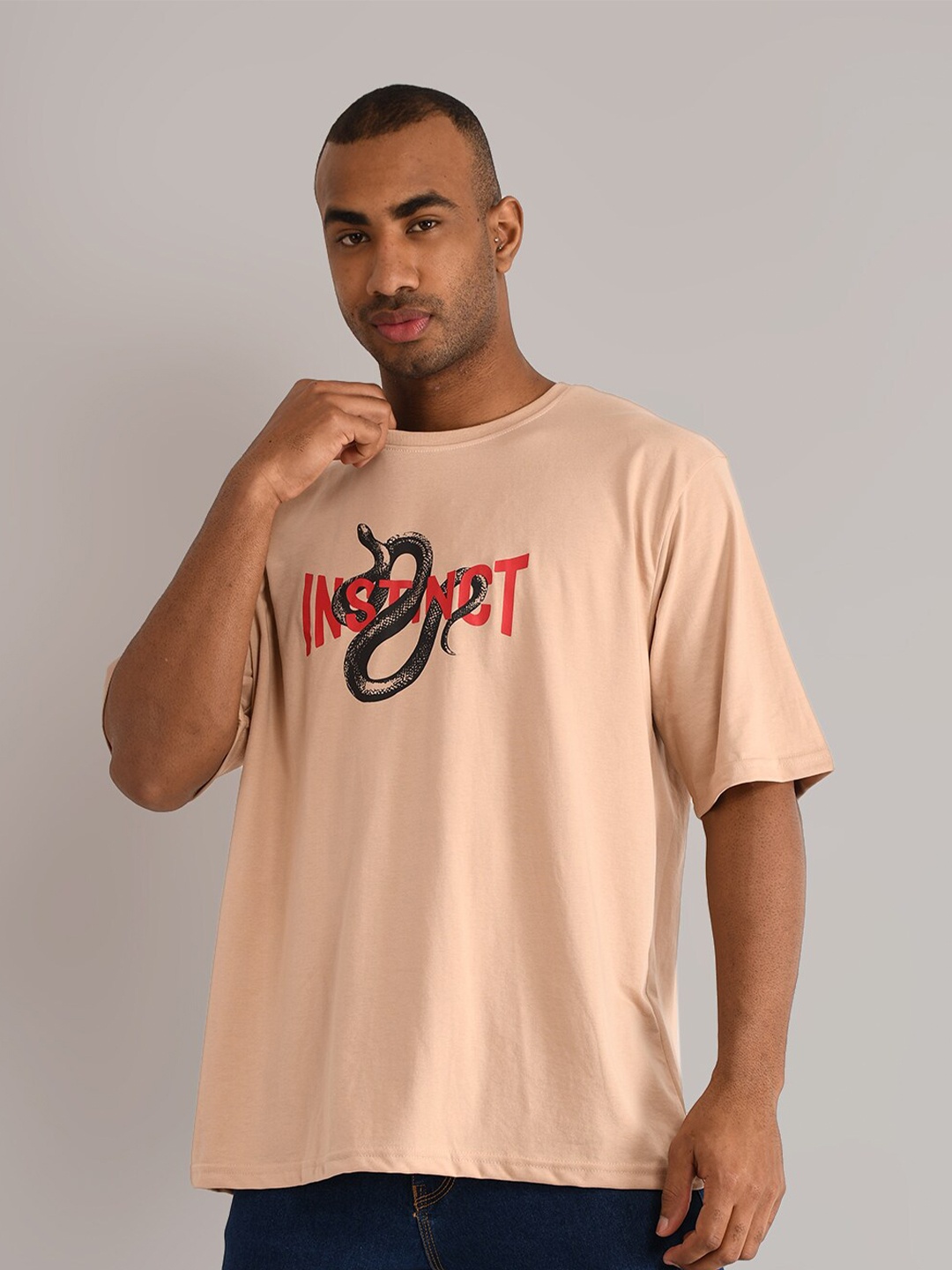 

ABSOLUTE DEFENSE Typography Printed Oversized Drop-Shoulder Sleeves Pure Cotton T-shirt, Beige