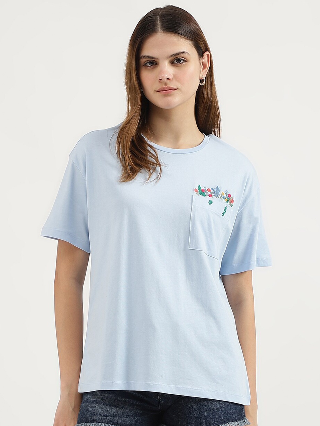

United Colors of Benetton Embroidered Pockets Pure Cotton Relaxed Fit T-shirt, Blue