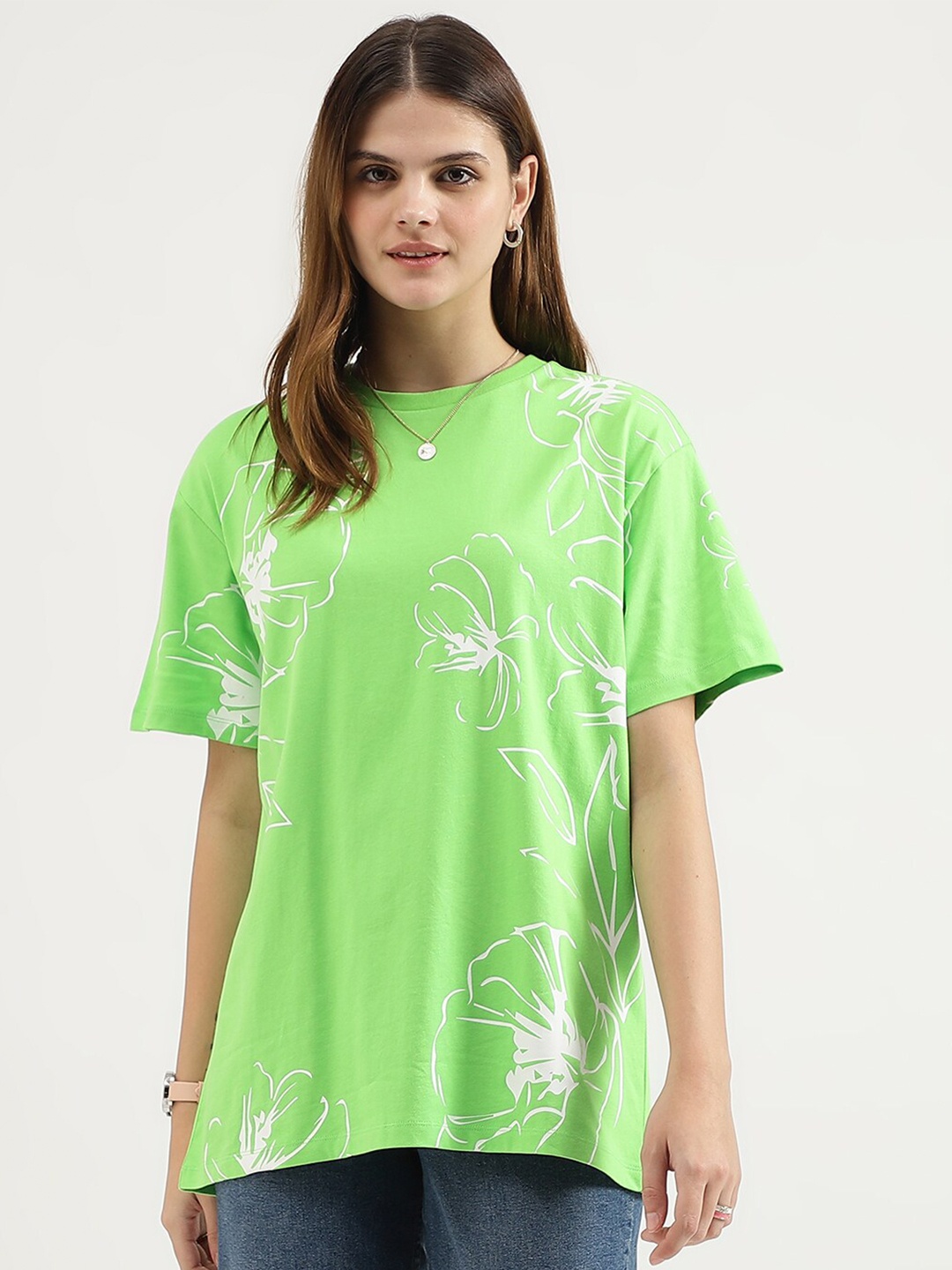 

United Colors of Benetton Floral Printed Drop Shoulder Sleeves Pure Cotton T-shirt, Green