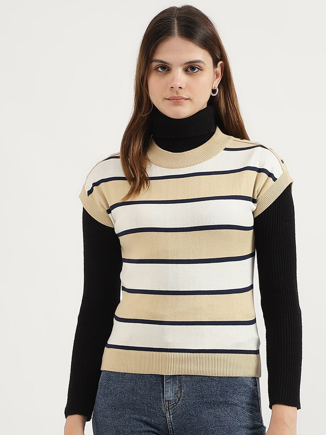 

United Colors of Benetton Horizonal Striped Pure Cotton Top, Beige