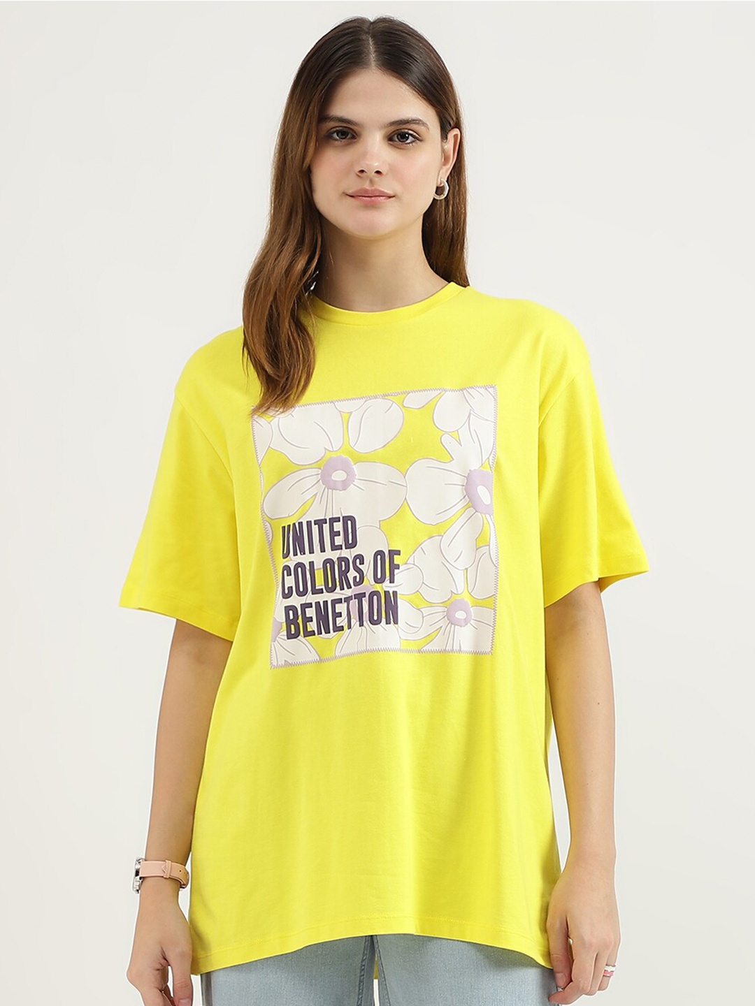 United Colors of Benetton Graphic Printed Pure Cotton Relaxed Fit T-shirt, Yellow