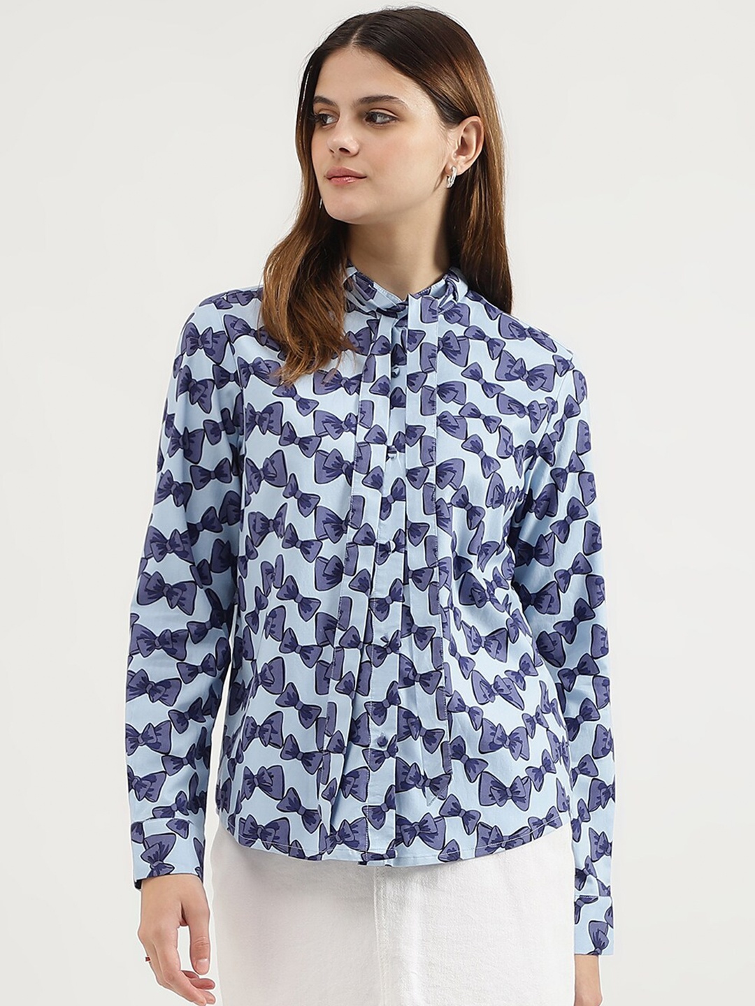 

United Colors of Benetton Conversational Printed Modal Tie Up Neck Top, Blue