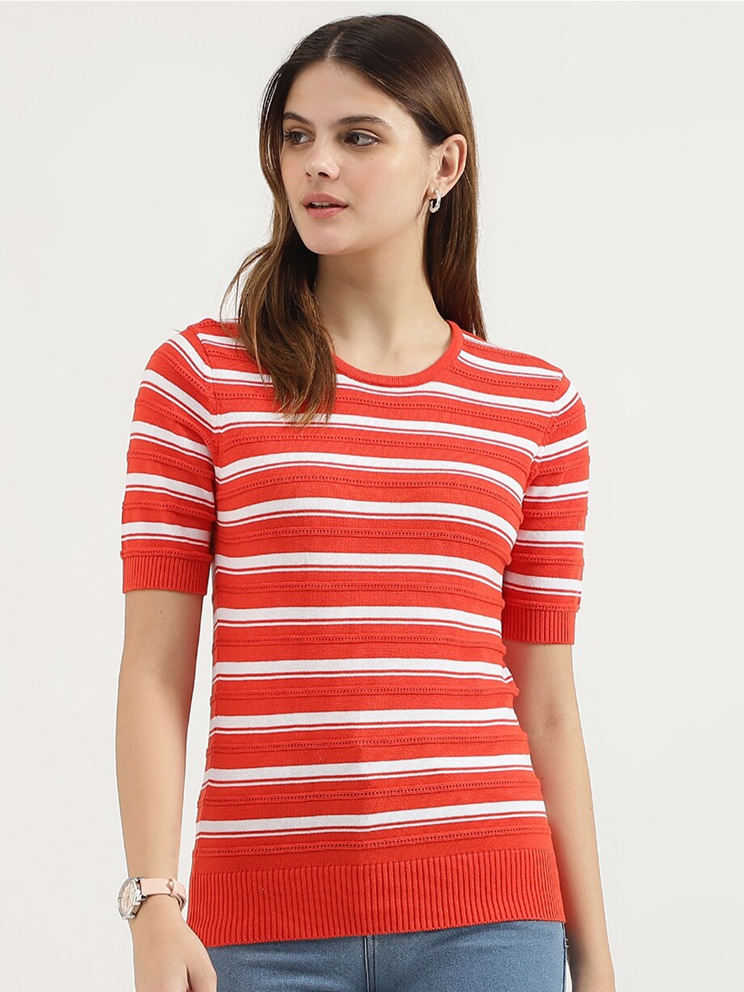 

United Colors of Benetton Horizontal Striped Pure Cotton Top, Red