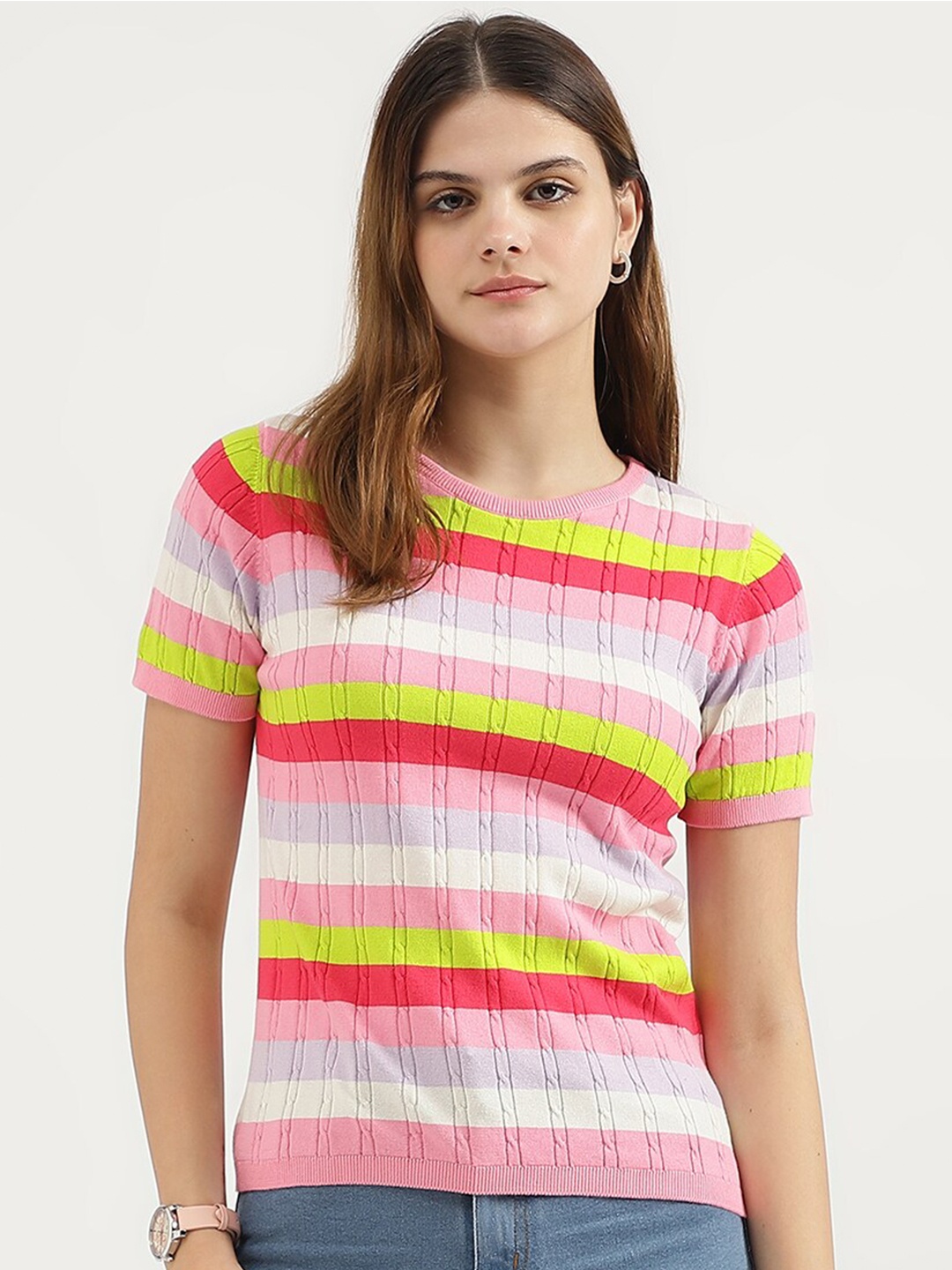 

United Colors of Benetton Horizontal Striped Pure Cotton Top, White