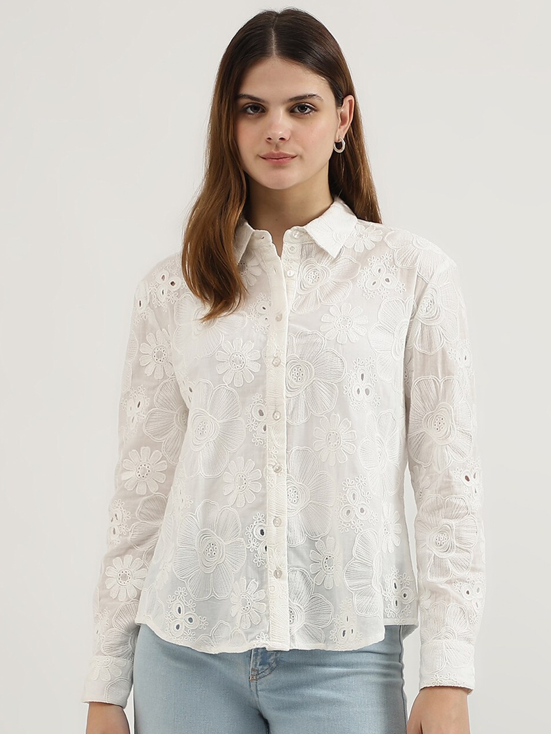 

United Colors of Benetton Self Design Spread Collar Embroidered Pure Cotton Casual Shirt, White