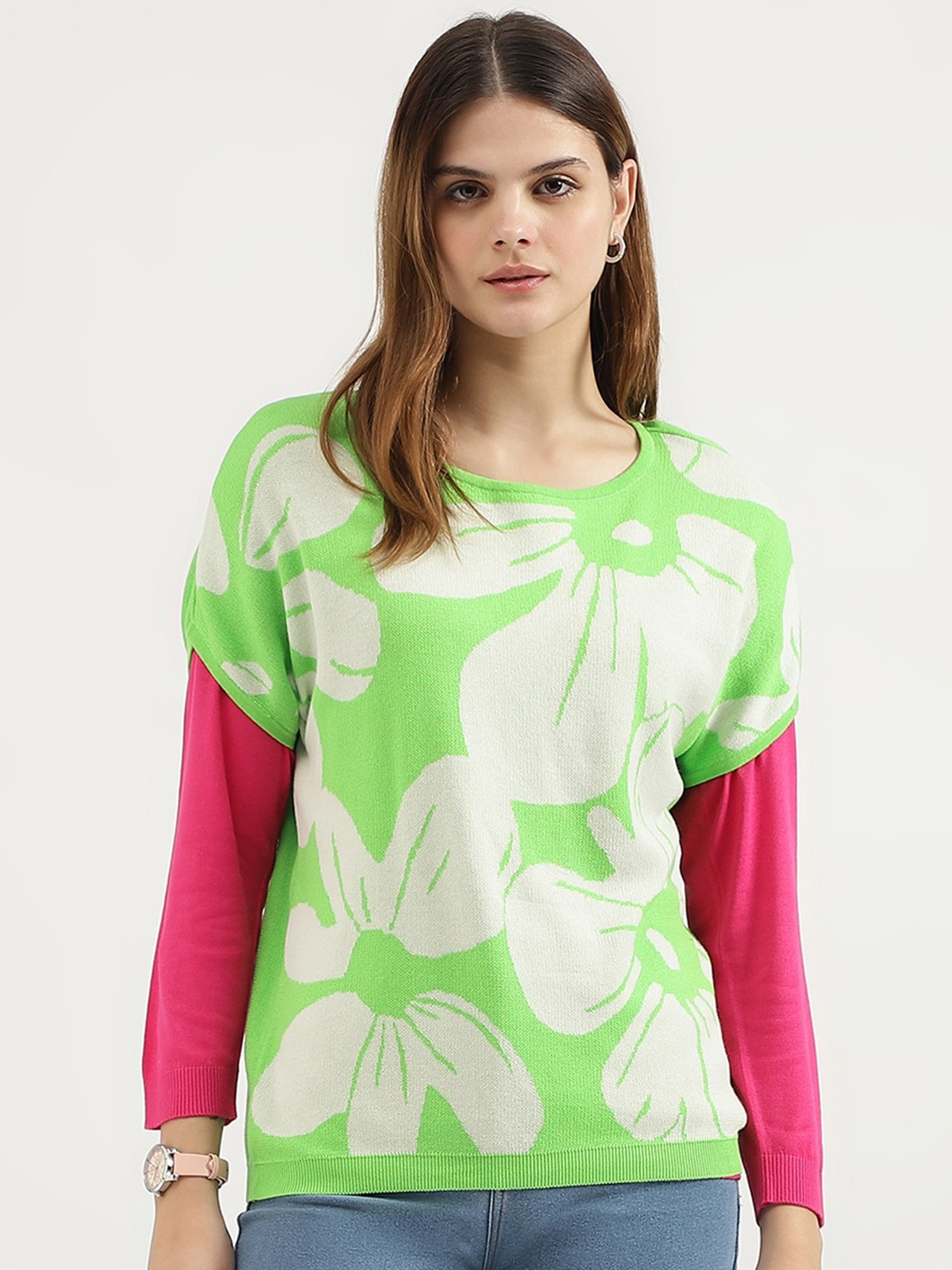 

United Colors of Benetton Floral Printed Extended Sleeves Cotton Top, Green