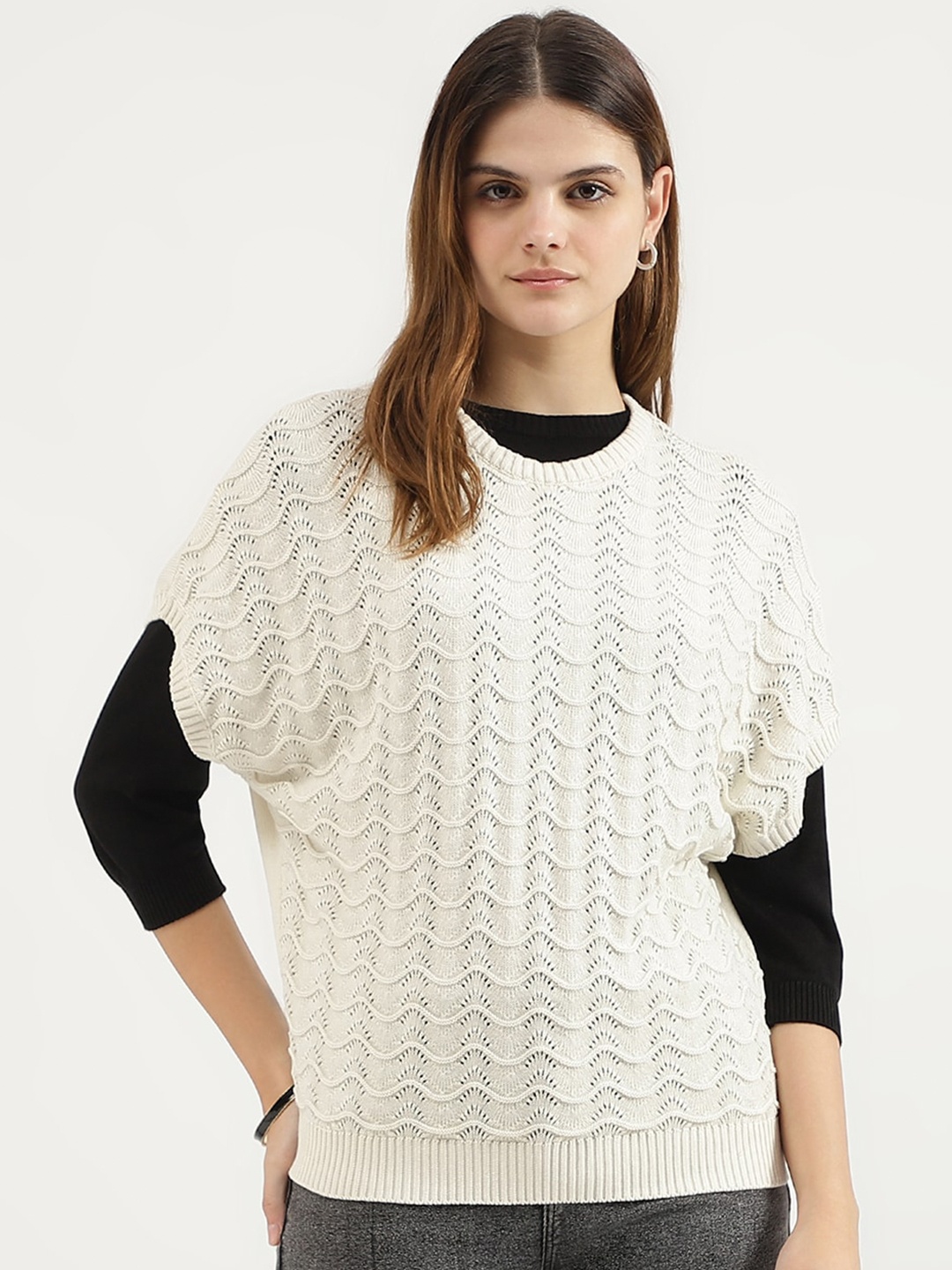 

United Colors of Benetton Self Design Extended Sleeves Pure Cotton Top, White
