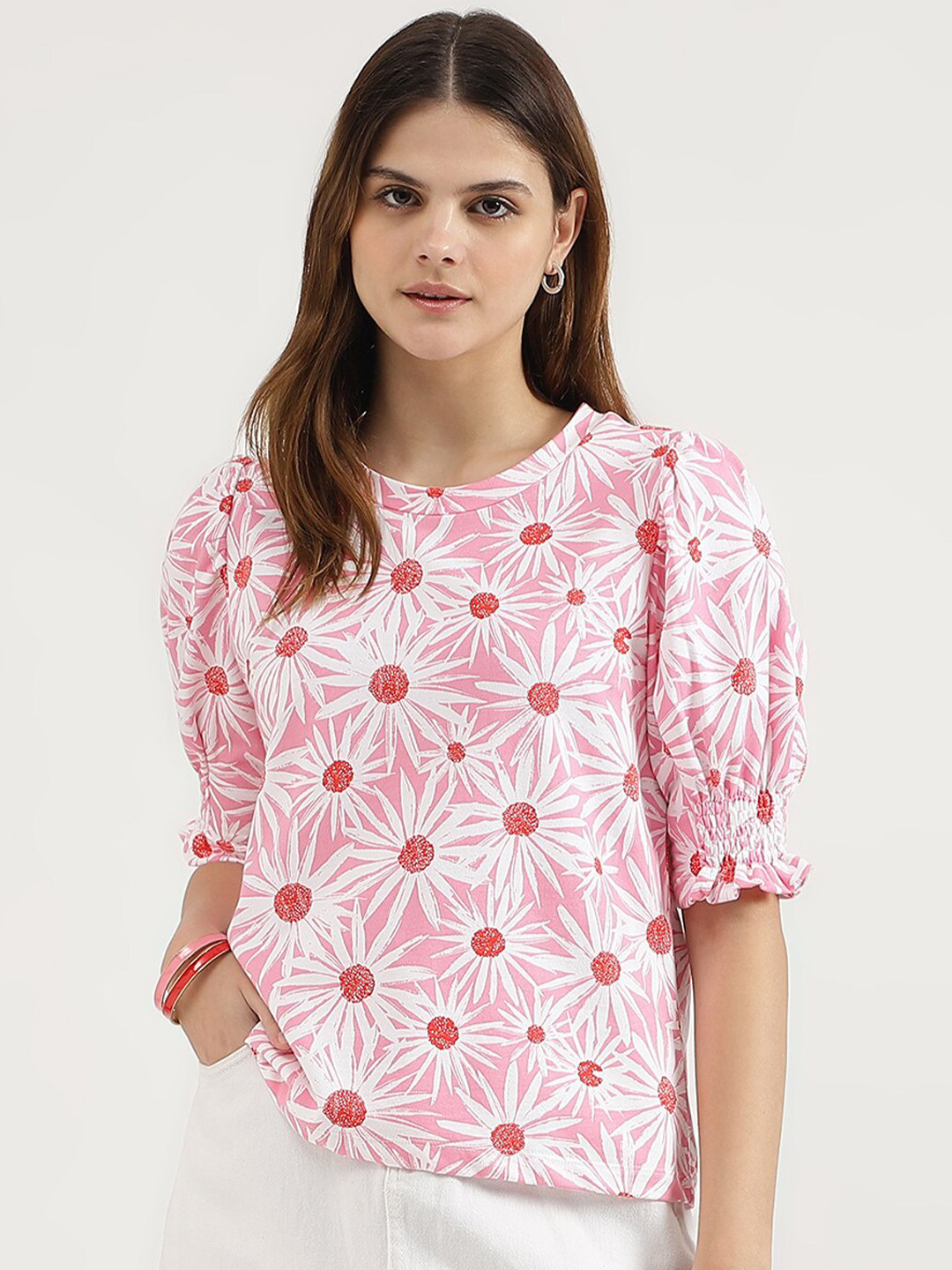 

United Colors of Benetton Floral Printed Puff Sleeve Cotton Top, Pink