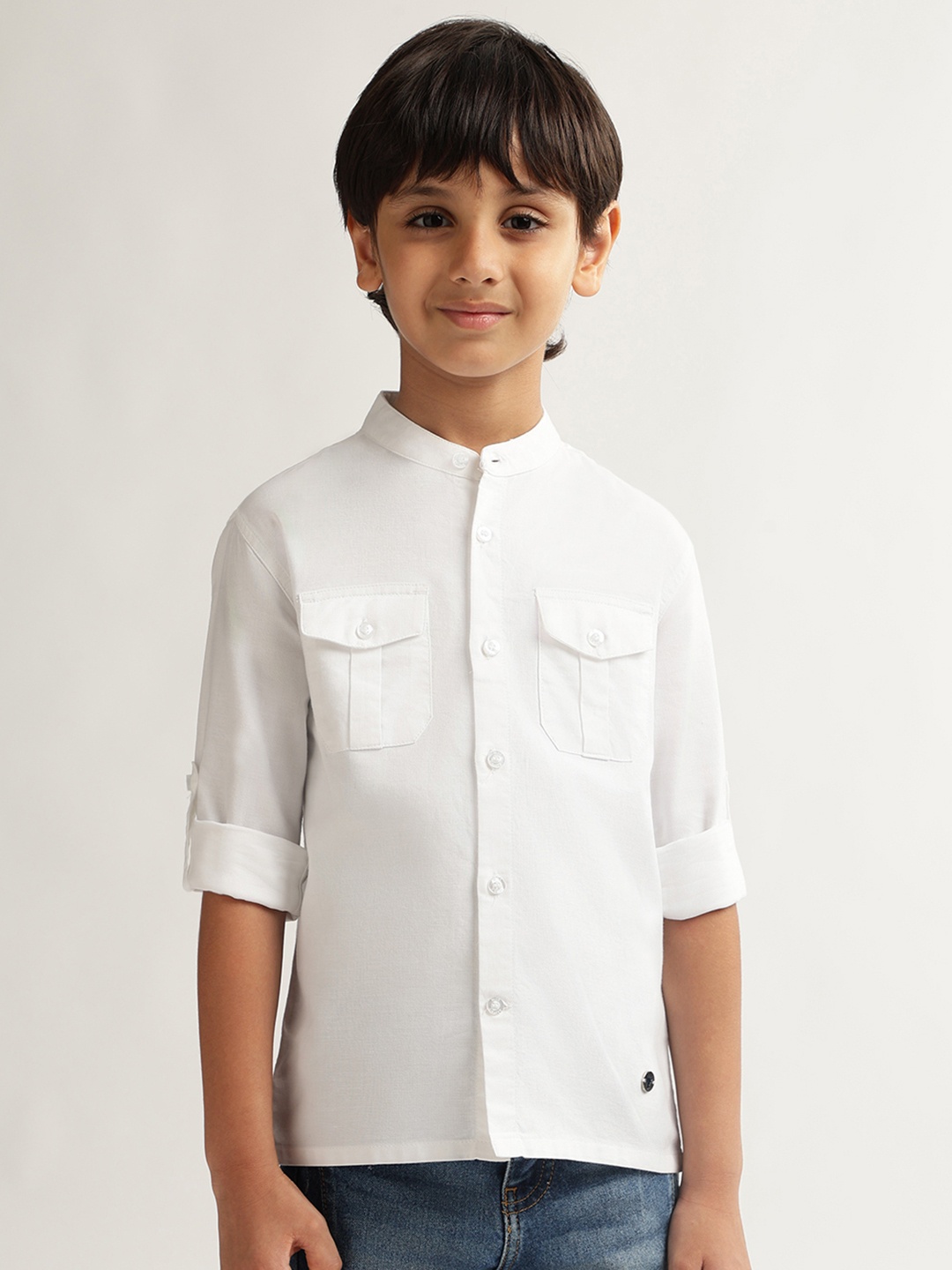 

Blue Giraffe Boys Band Collar Pure Cotton Casual Shirt, White