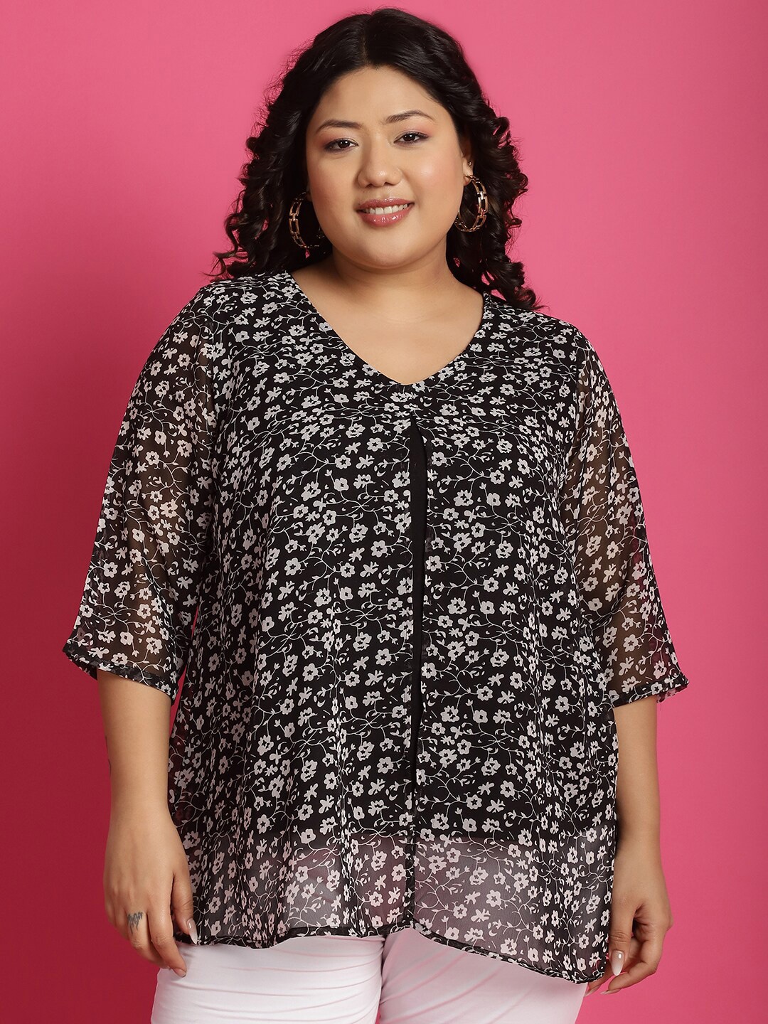 

theRebelinme Plus Size Floral Print Layered Top, Navy blue