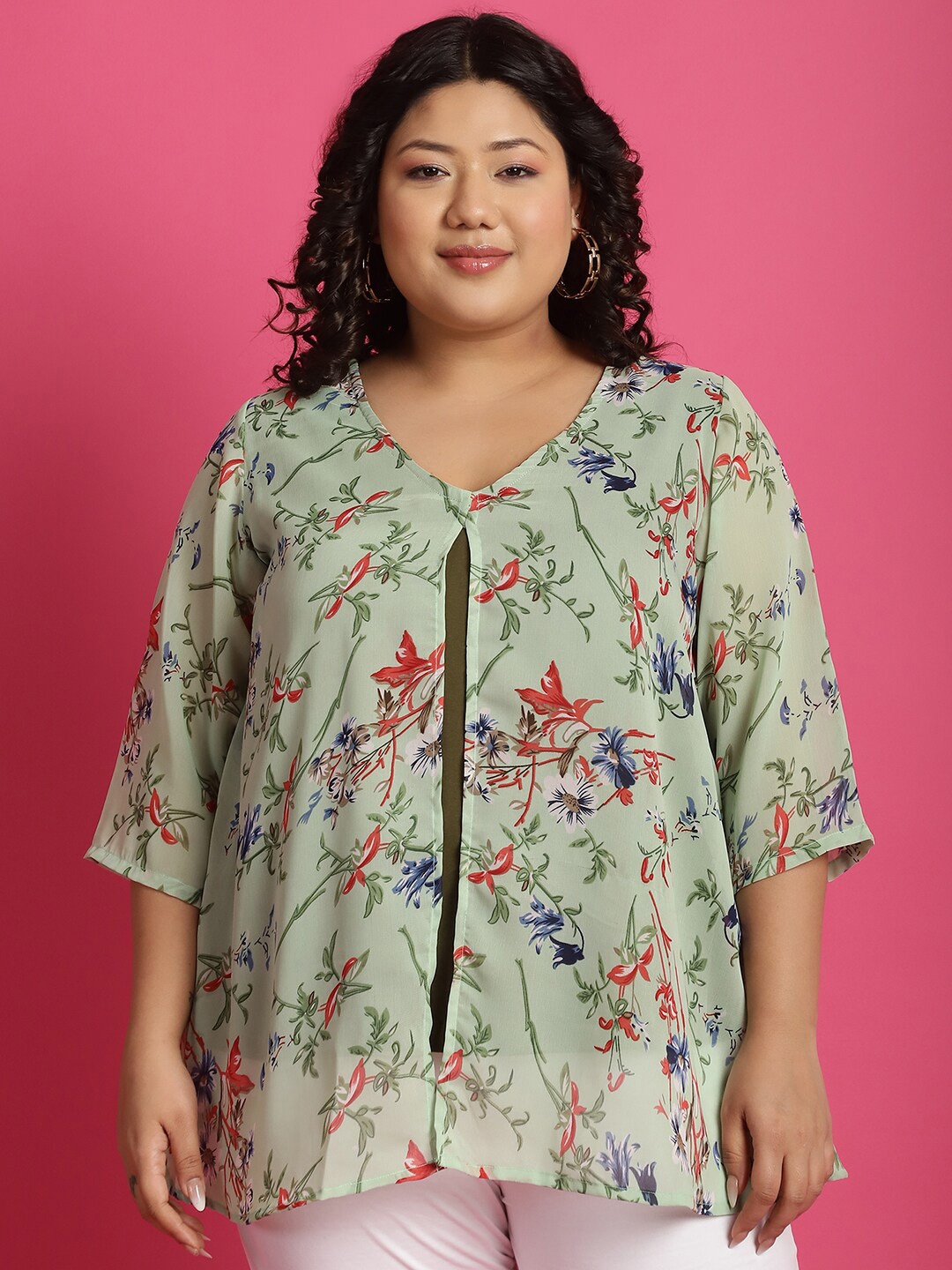 

theRebelinme Plus Size Floral Print Layered Top, Green