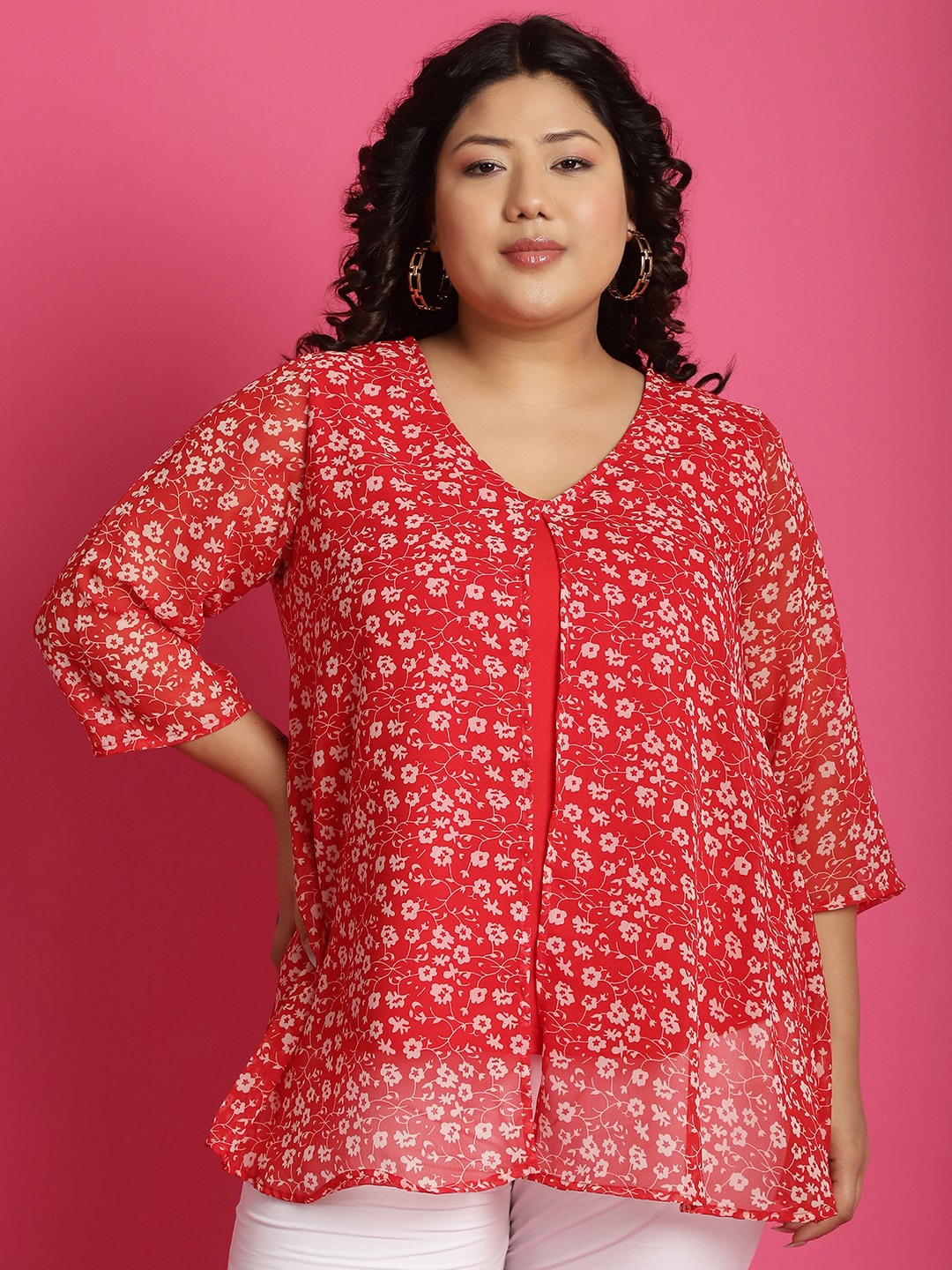 

theRebelinme Plus Size Floral Printed V-Neck Georgette Top, Red