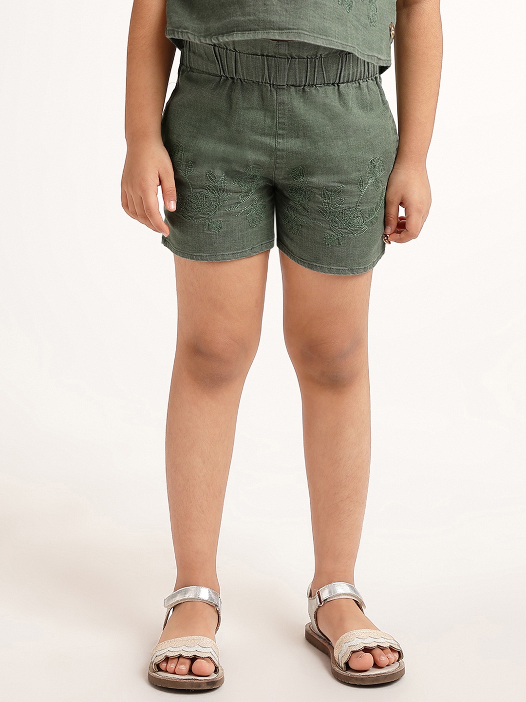 

Blue Giraffe Girls Floral Embroidered Shorts, Green