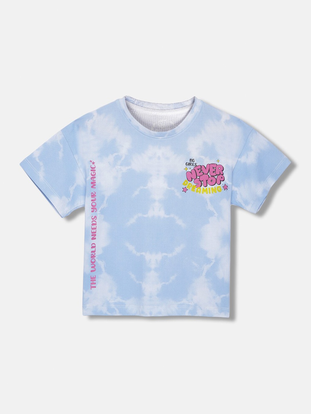 

Blue Giraffe Girls Tie and Dye Printed Cotton Boxy T-shirt