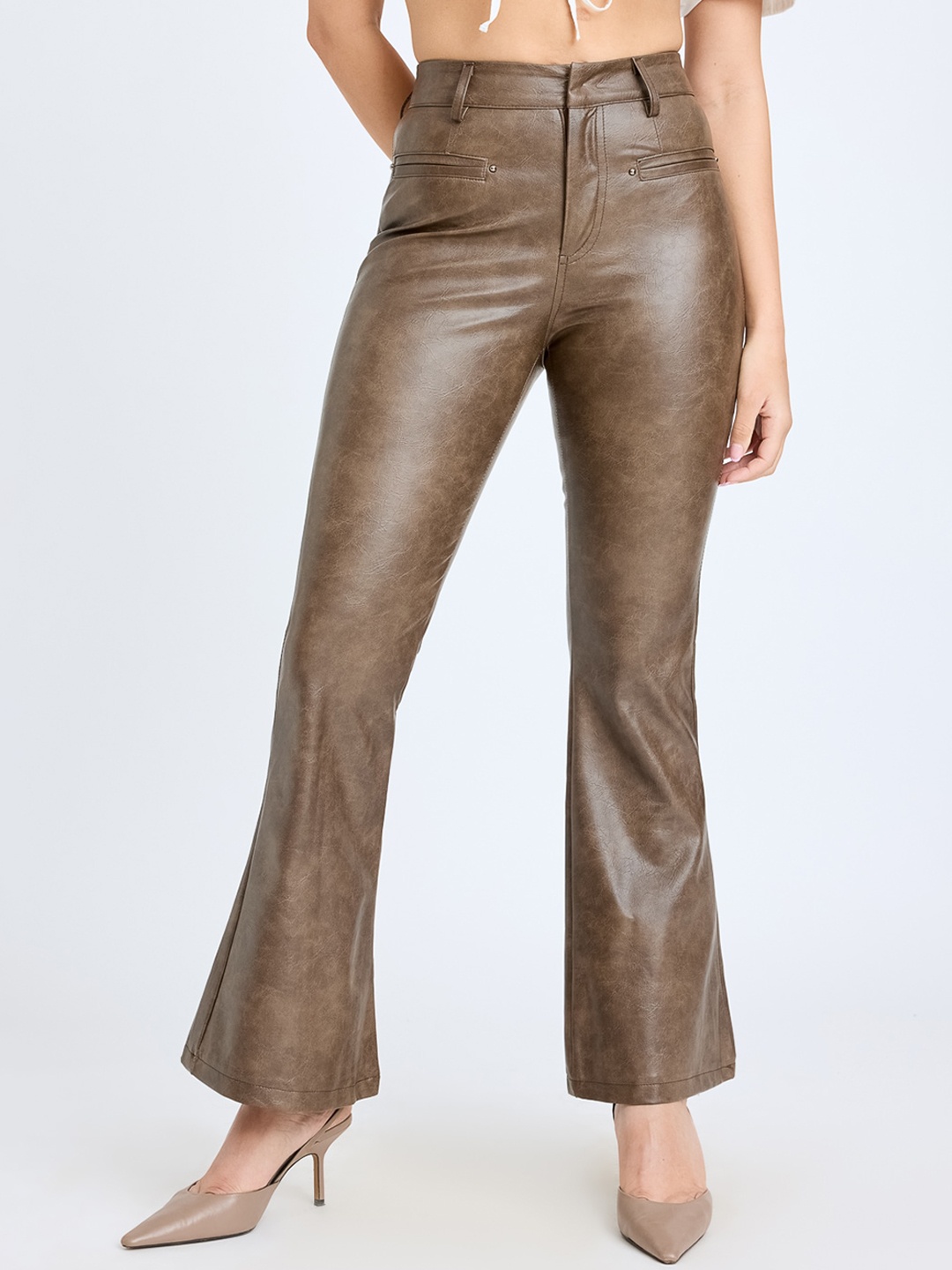 

FREAKINS Women Skinny Fit High-Rise Bootcut Trousers, Brown