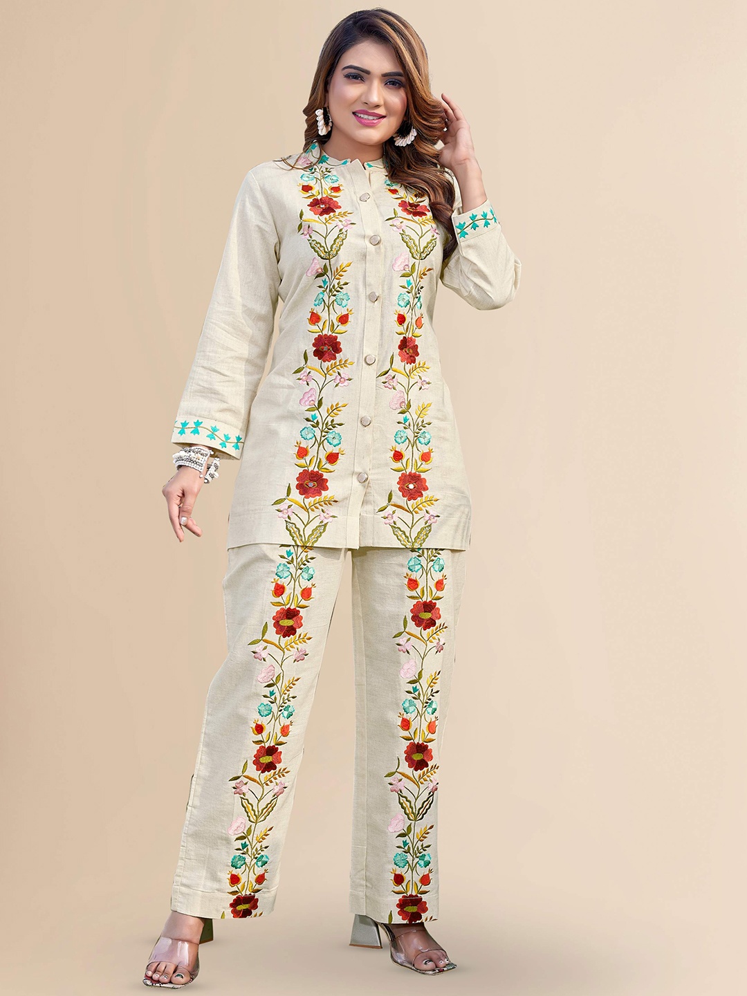 

TITANIUM SILK INDUSTRIES PVT. LTD. Floral Embroidered Linen Top With Trouser, Beige