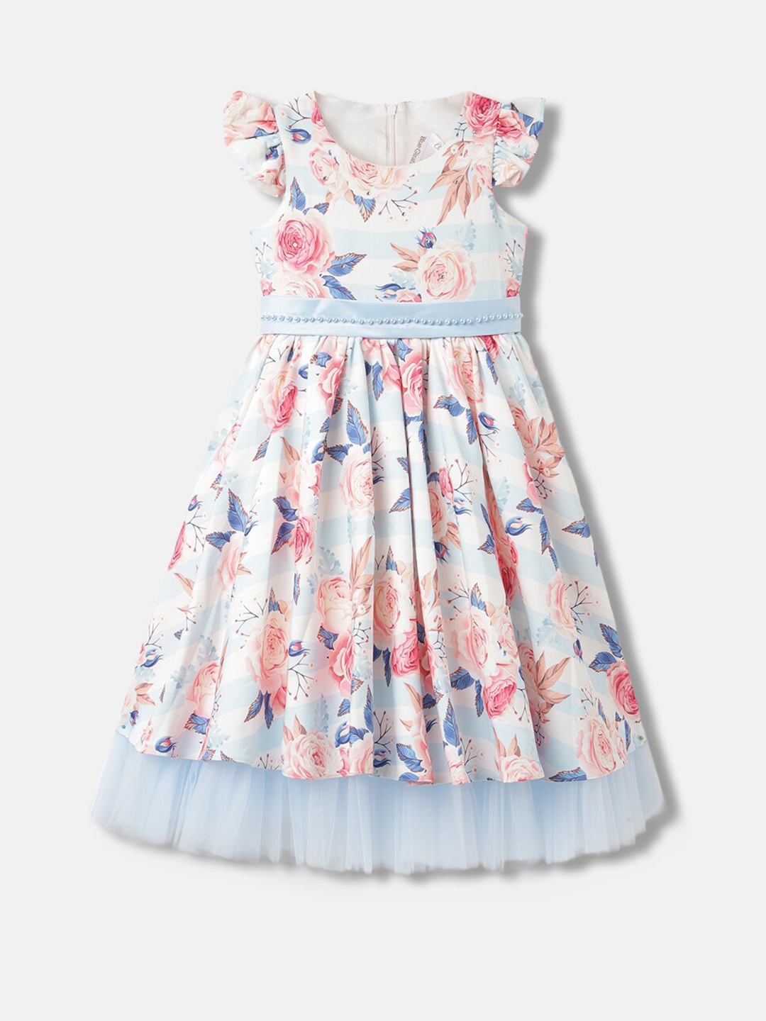 

Blue Giraffe Floral Printed Flutter Sleeve Fit & Flare Dress, White