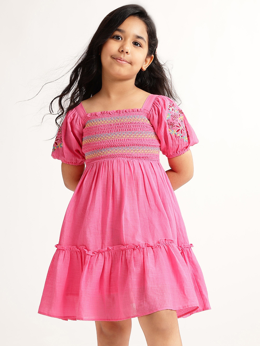 

Blue Giraffe Girls Smocked Puff Sleeve Fit & Flare Dress, Pink