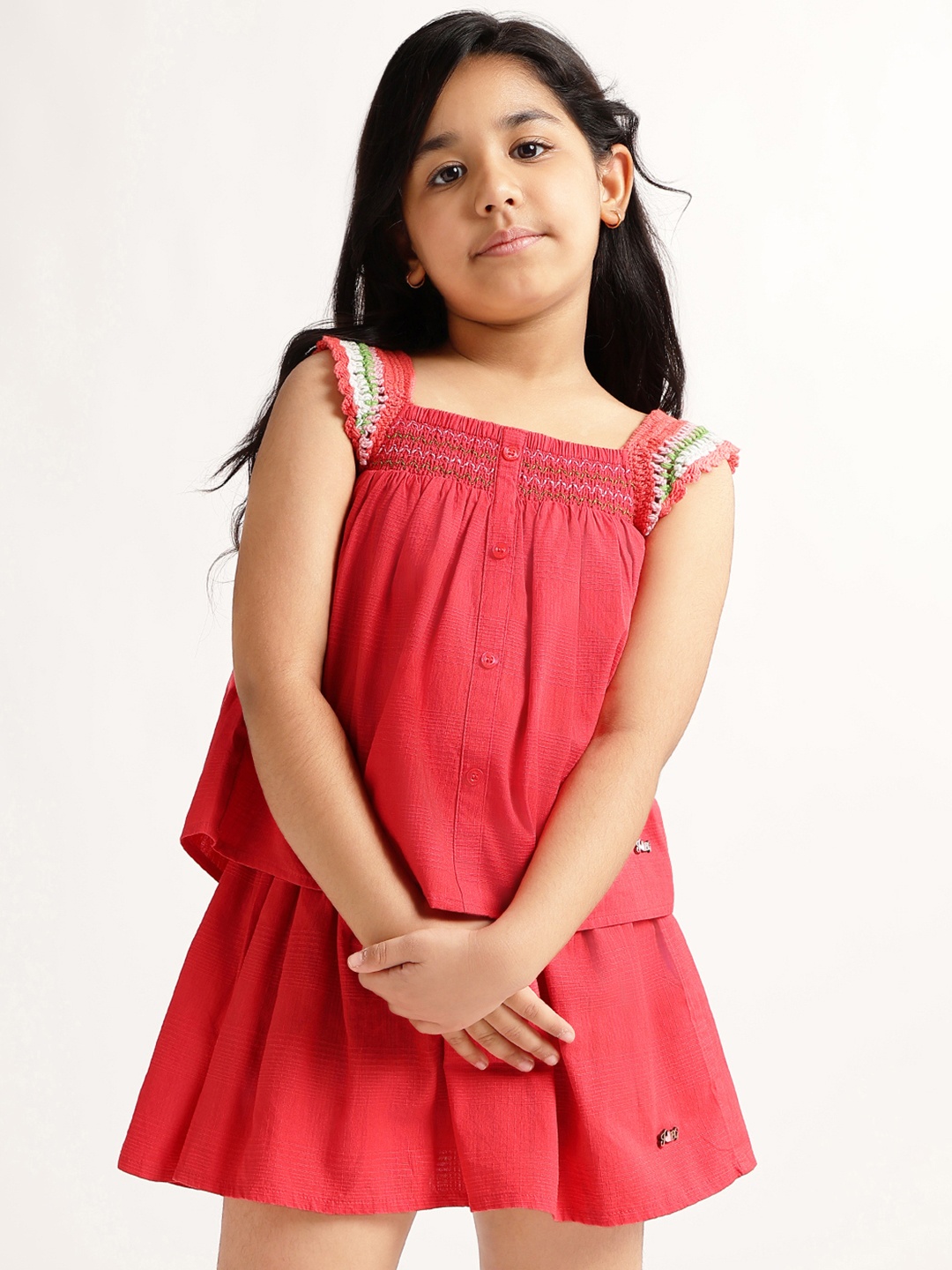 

Blue Giraffe Girls Square Neck Smocking Pure Cotton A-Line Top, Coral