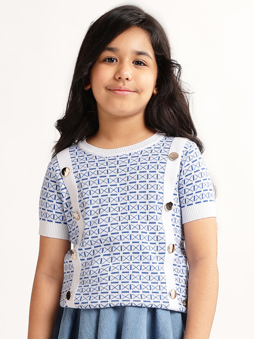 

Blue Giraffe Girls Geometric Self Design Pure Cotton Top