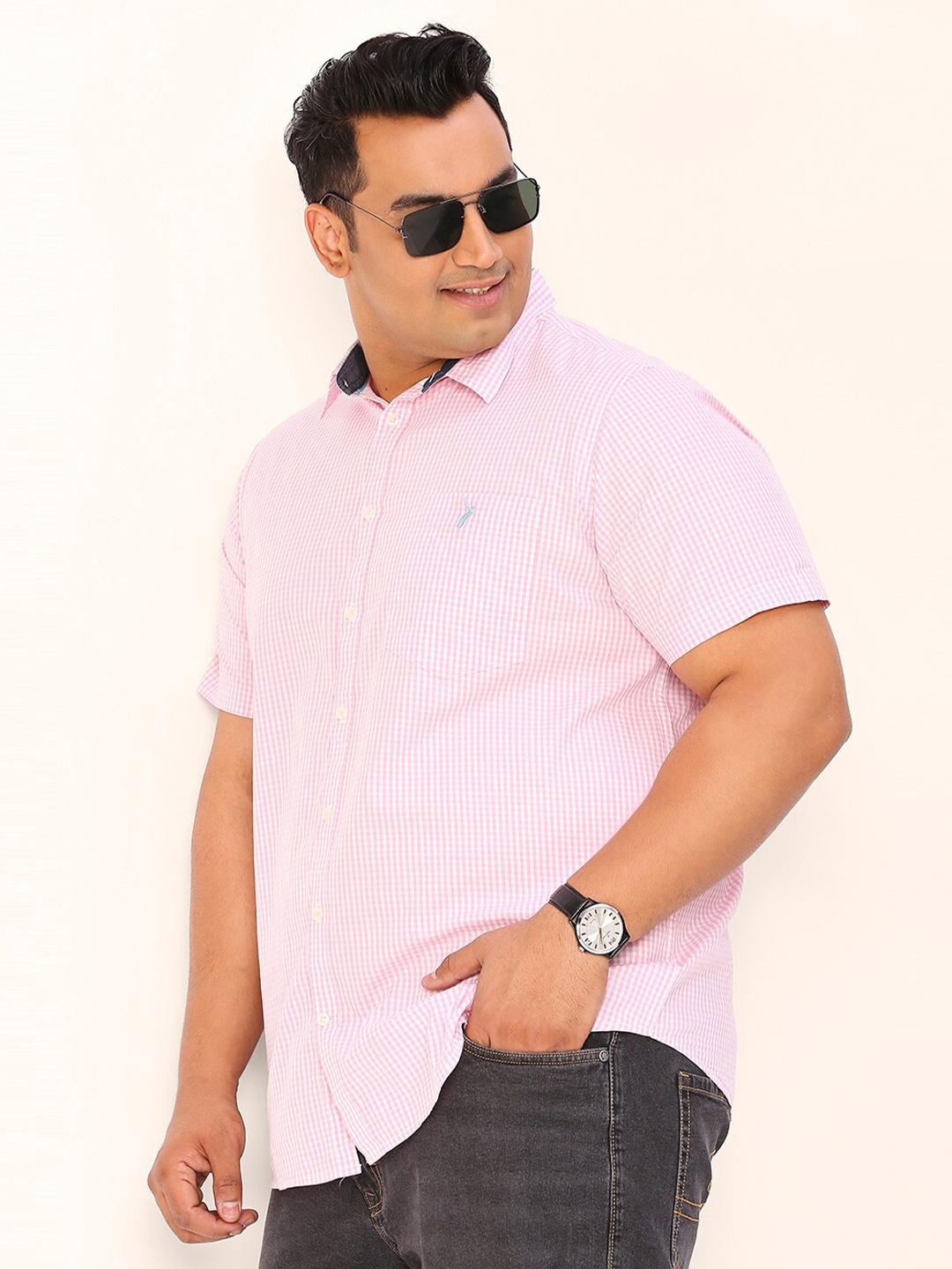 

Thomas Scott Plus Size Standard Opaque Micro Checks Cotton Casual Shirt, Pink