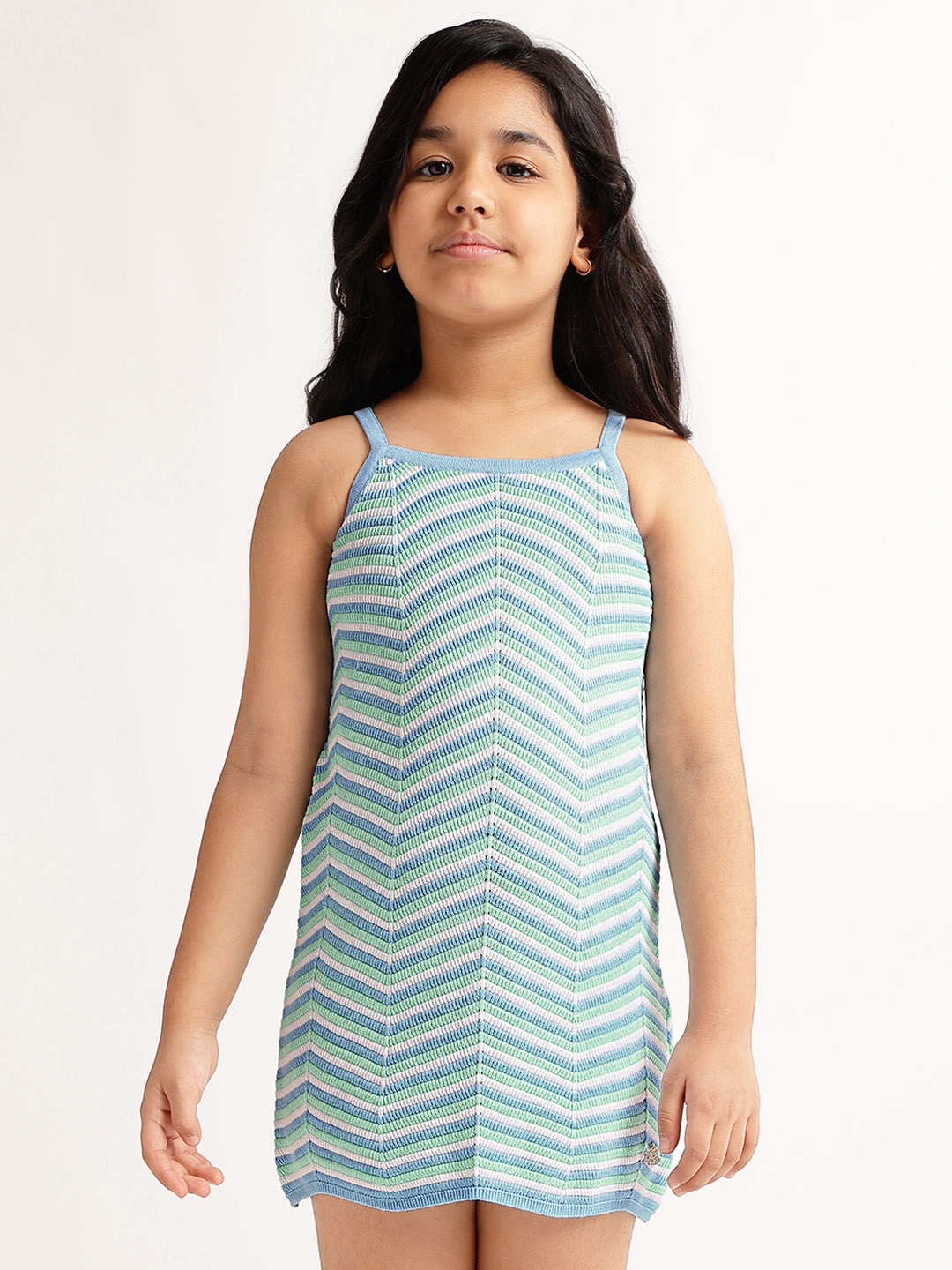 

ELLE Girls Geometric Printed Shoulder Straps Pure Cotton A-Line Dress, Blue