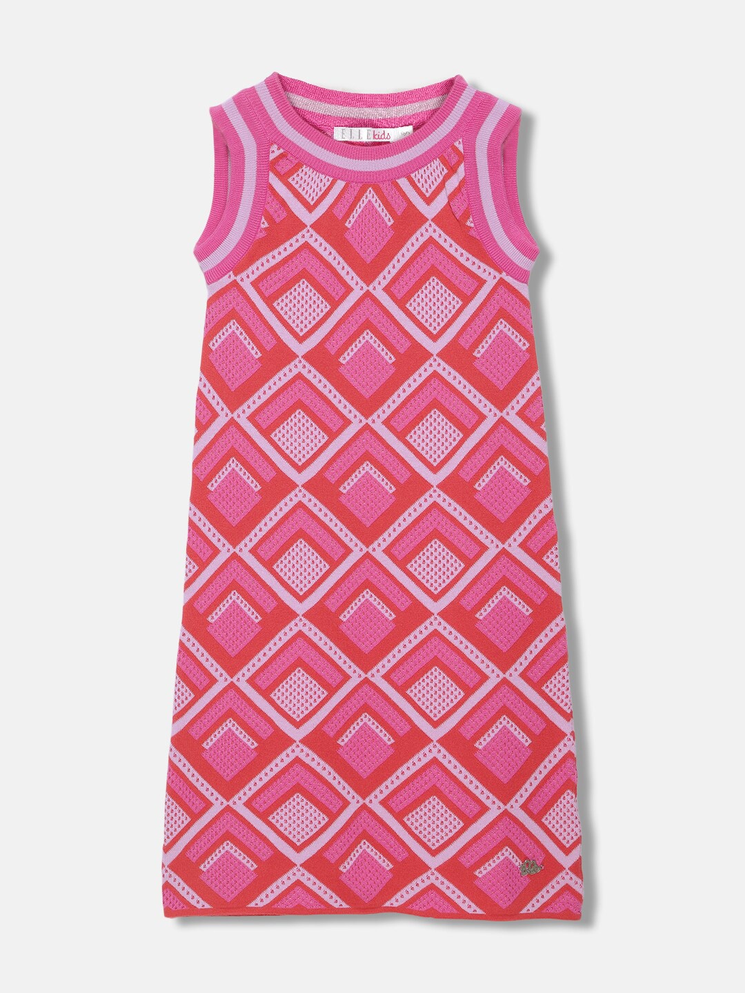 

ELLE Girls Geometric Self Design Jacquard Pure Cotton A-Line Dress, Pink