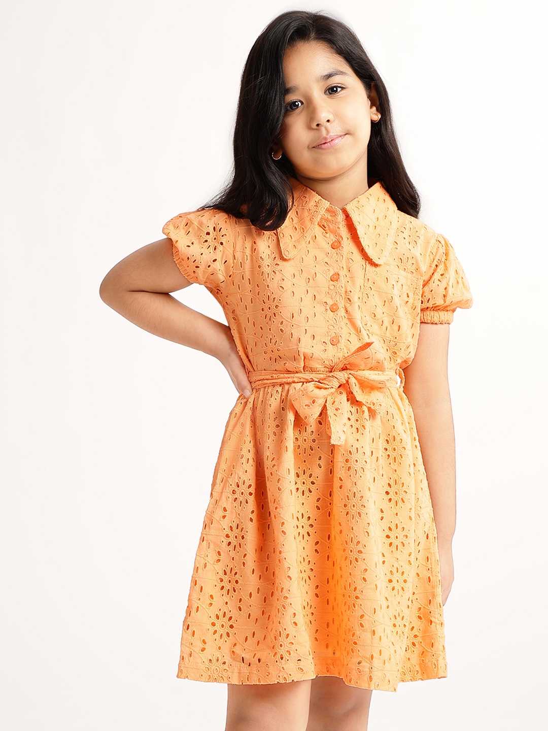 

ELLE Girls Self Design Puff Design Pure Cotton A-Line Dress, Coral