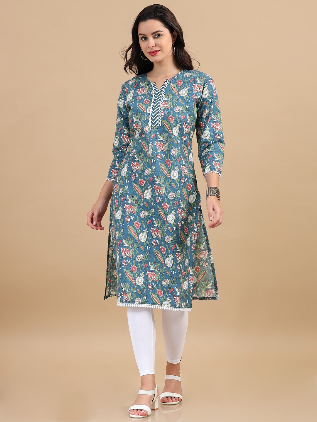 

MIRAAN Floral Printed Pure Cotton Lace Straight Kurta, Blue