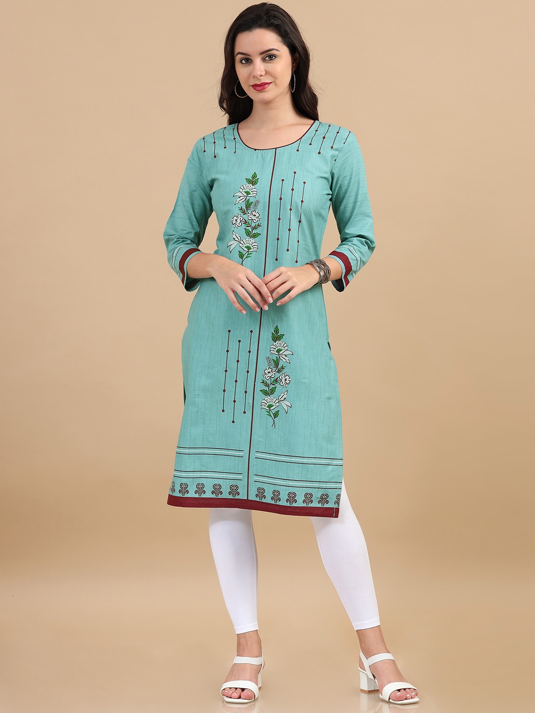 

MIRAAN Floral Printed Pure Cotton Straight Kurta, Green