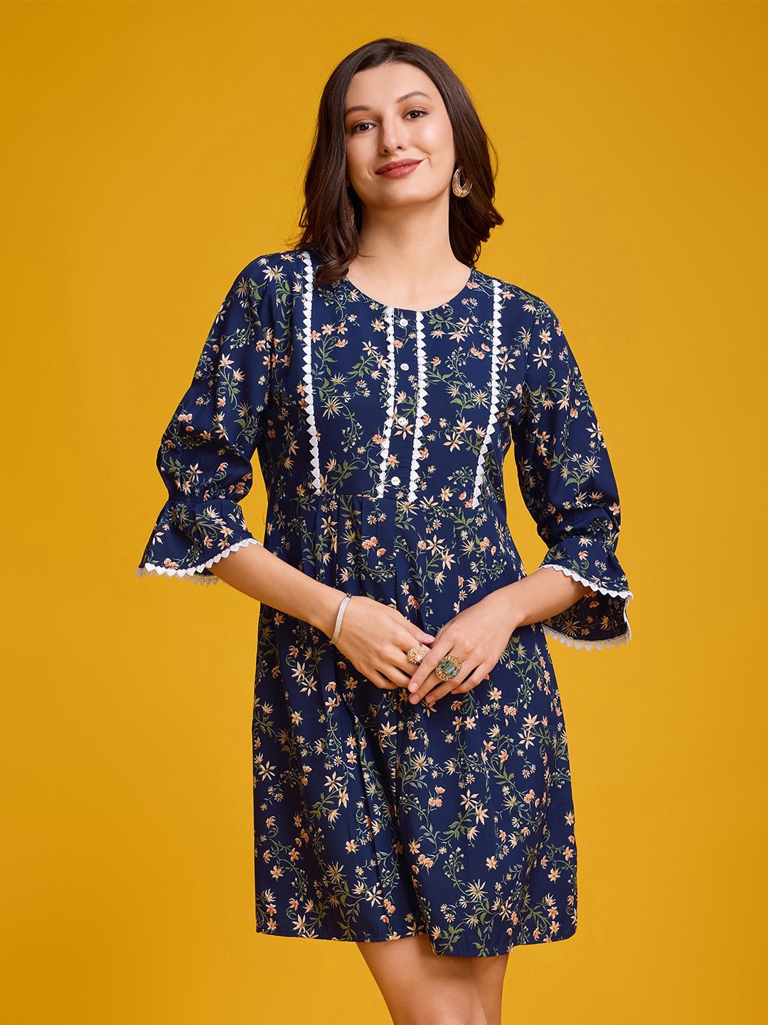 

VASTRA-THE FACTORY STORE Floral Printed Crepe A-Line Dress, Blue