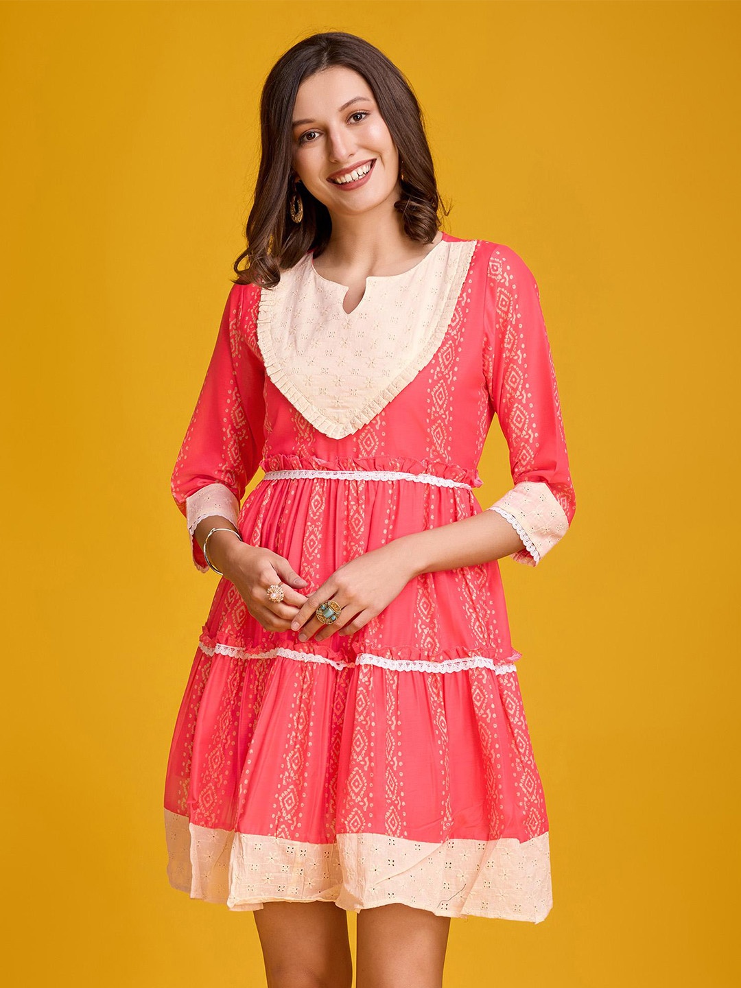 

VASTRA-THE FACTORY STORE Ethnic Motifs Printed Embroidered Tiered Cotton Fit & Flare Dress, Pink