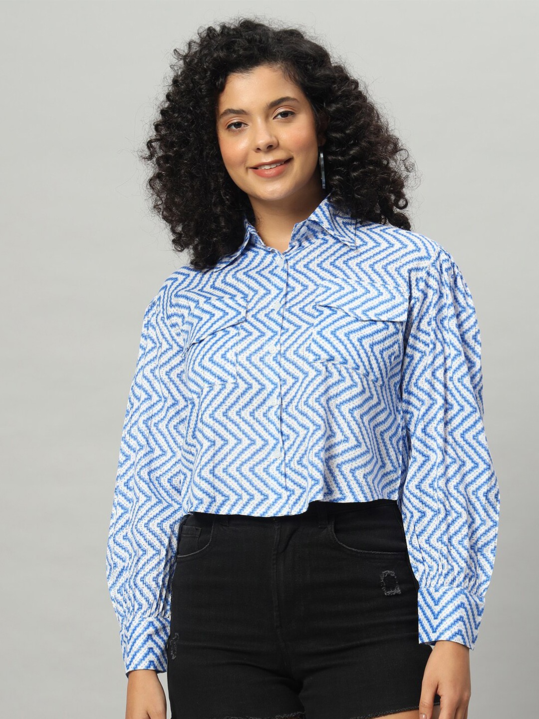 

Funday Fashion Geometric Printed Crop Casual Shirt, Blue