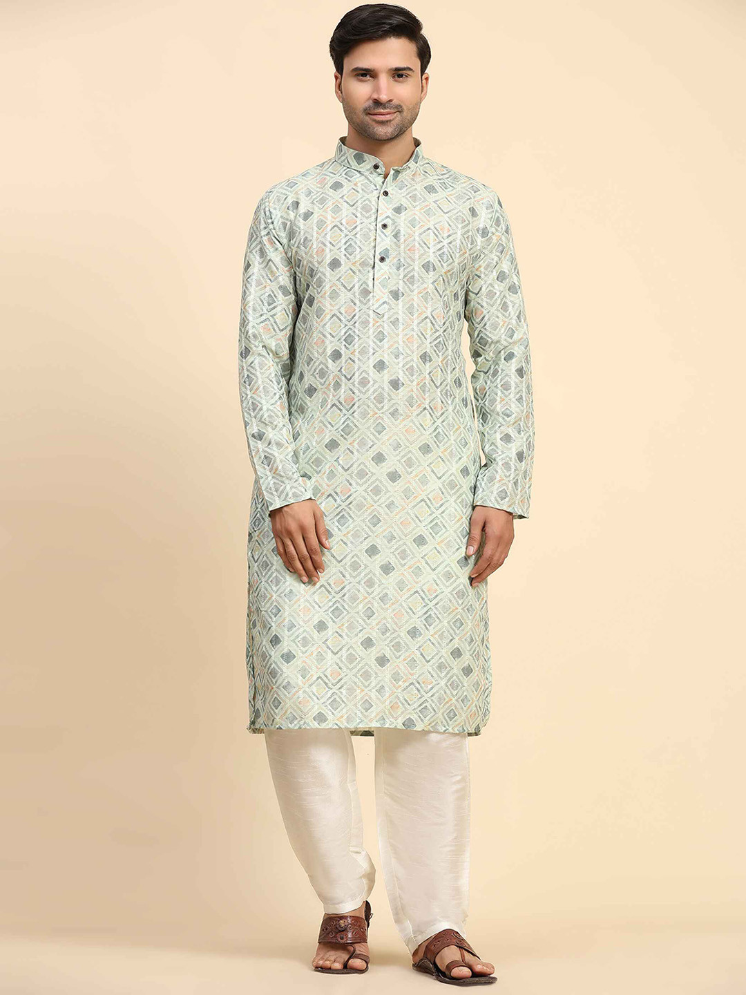 

Cult Indie Geometric Printed Straight Cotton Silk Kurta with Pyjamas, Green