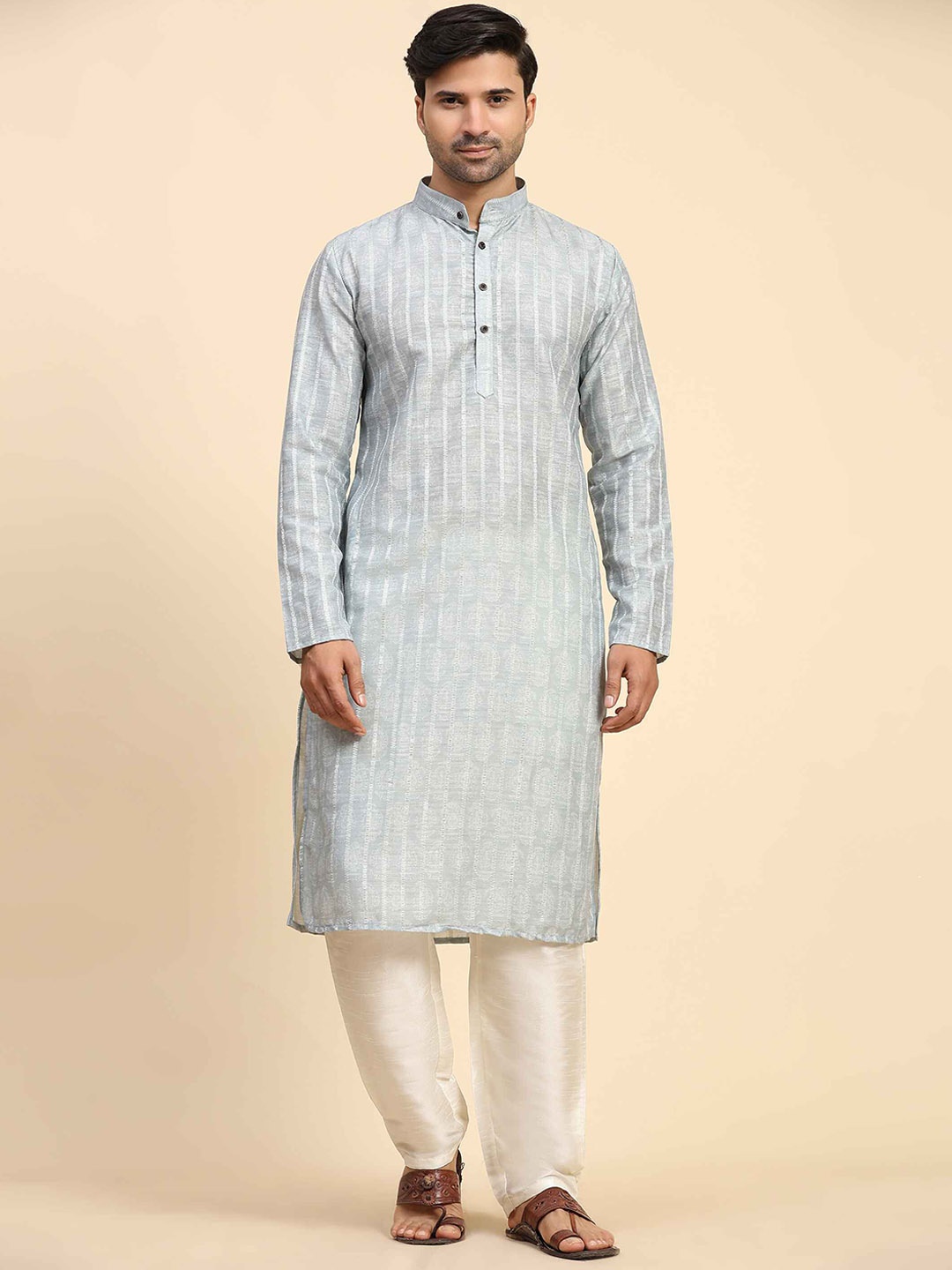 

Cult Indie Striped Mandarin Collar Cotton Silk Kurta With Pyjama, Grey