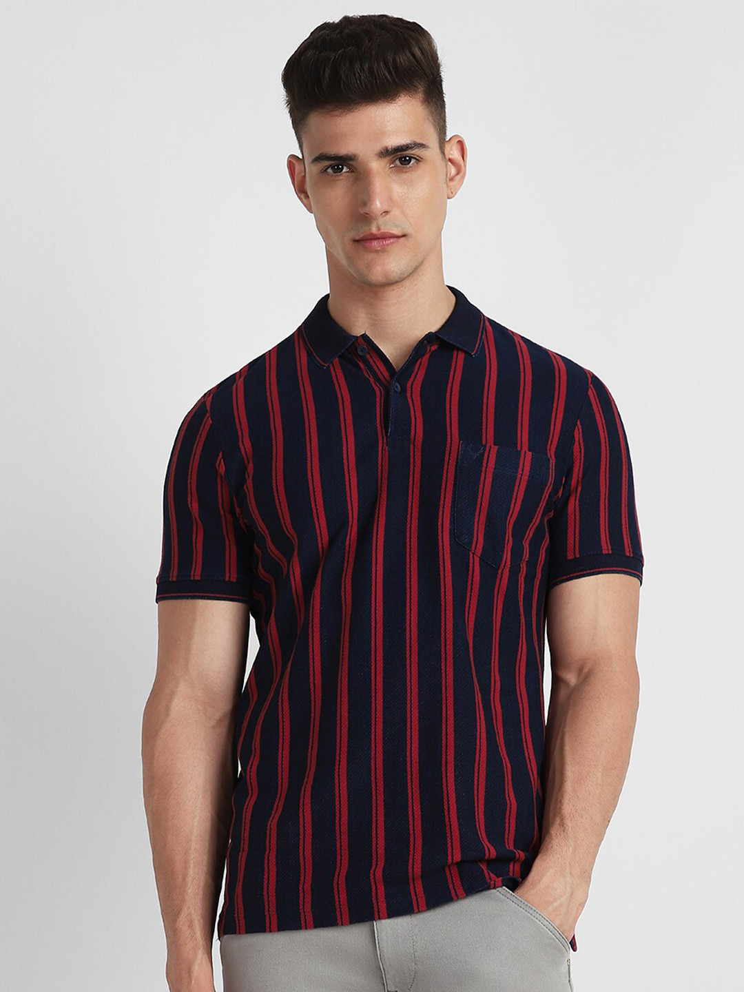 

Allen Solly Striped Polo Collar Pure Cotton Casual T-shirt, Navy blue