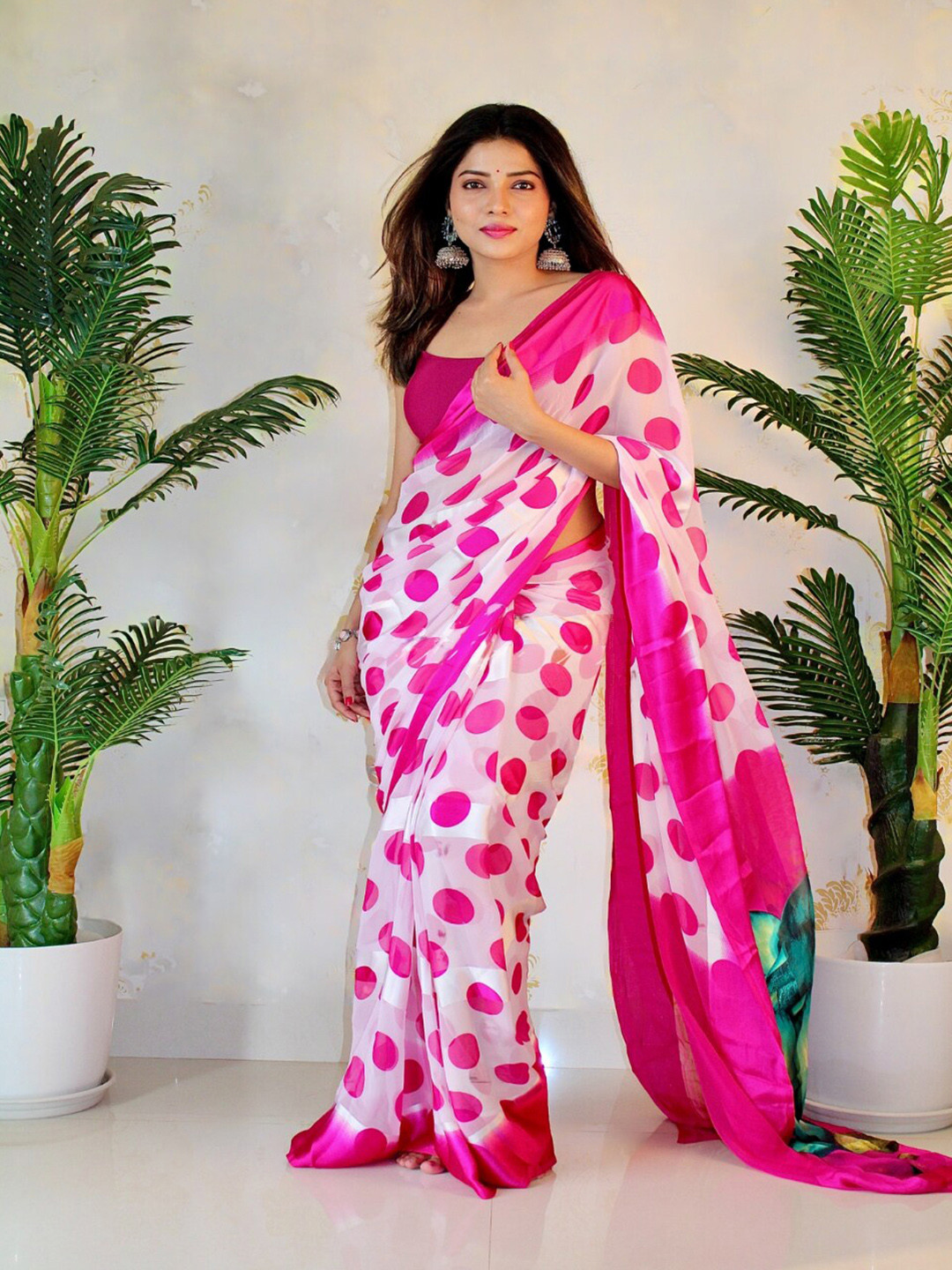 

SANJANA SILK Polka Dot Printed Satin Saree, White