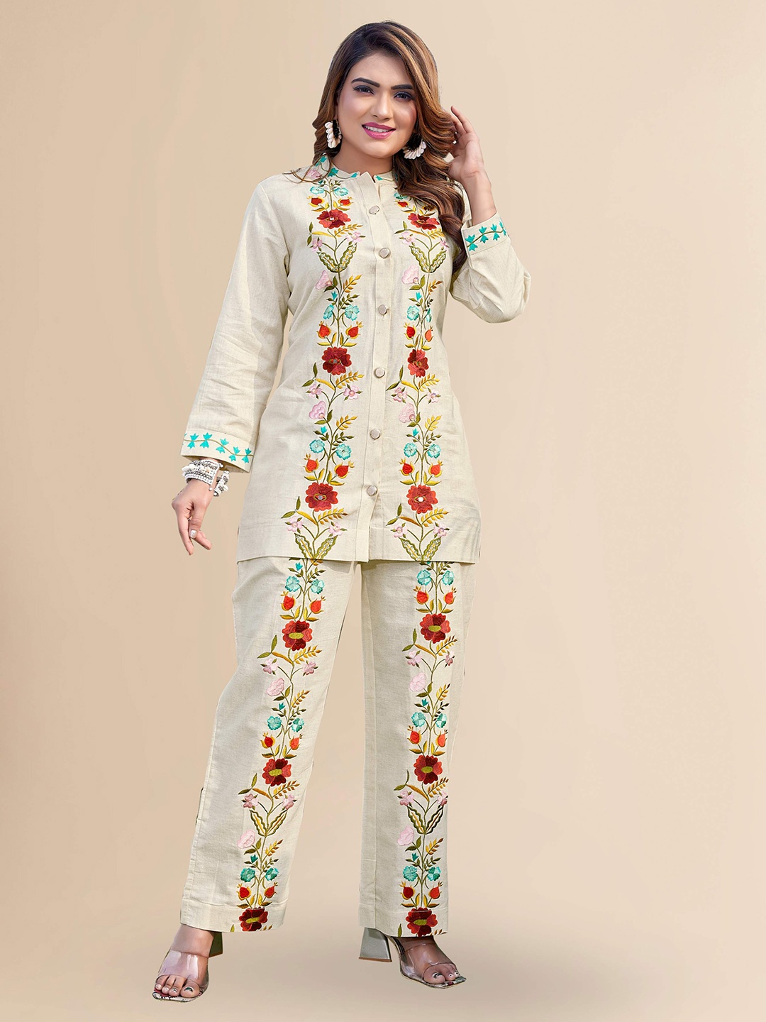 

Titanium Silk Industries Embroidered Kurta With Trouser Set, Beige