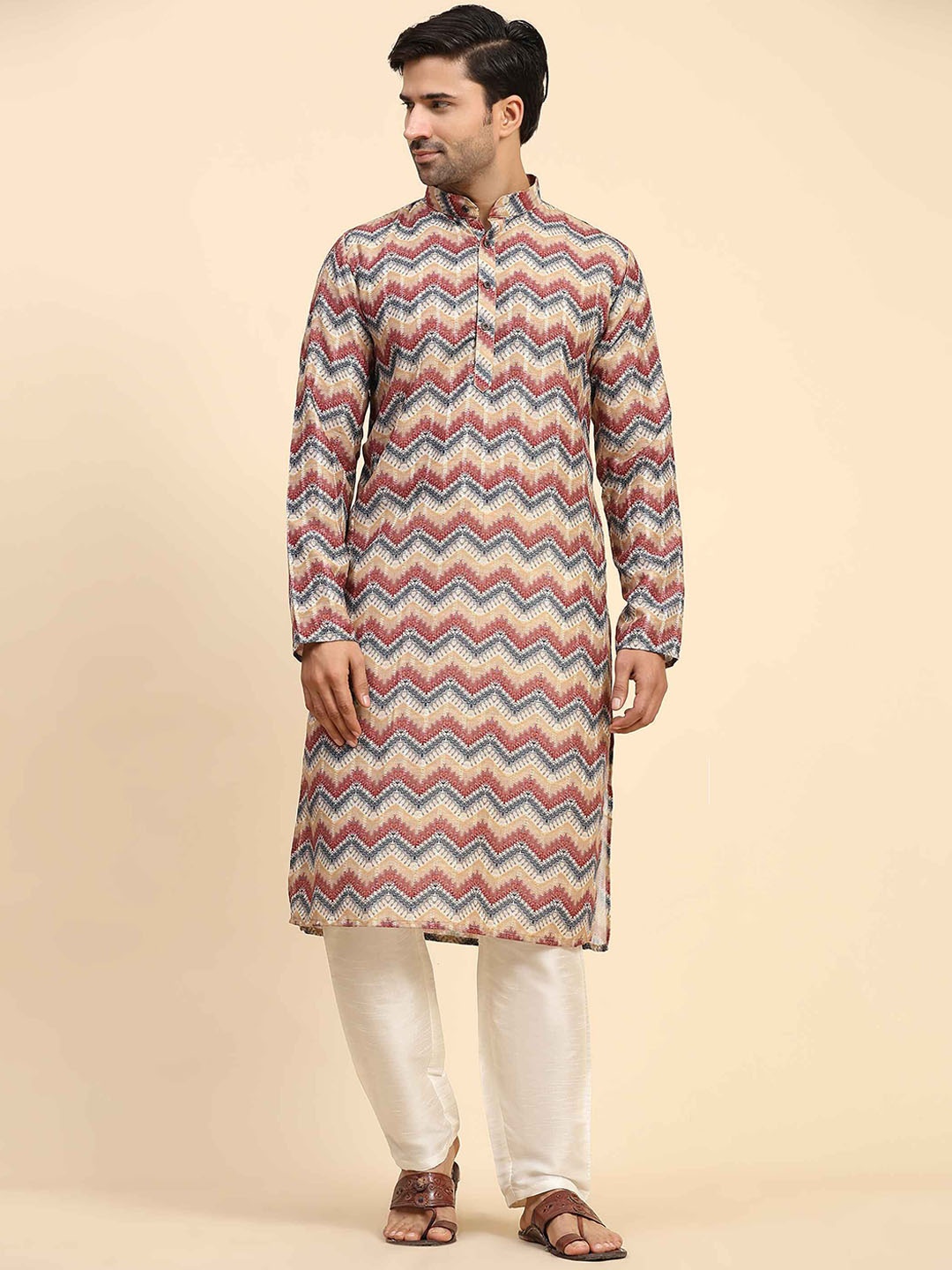Koshin Ethnic Motifs Printed Mandarin Collar Straight Cotton Silk Kurta with Pyjamas, Brown