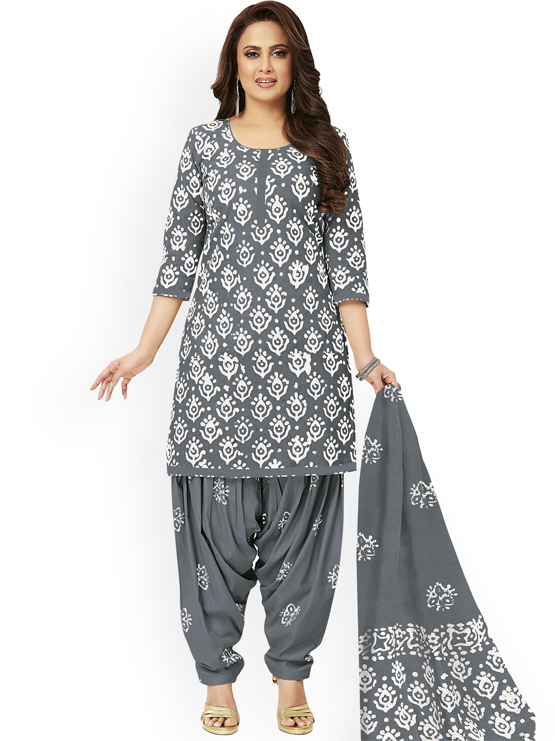 

MIRAAN Ethnic Motifs Printed Round Neck Pure Cotton Kurta with Patiala & With Dupatta, Grey