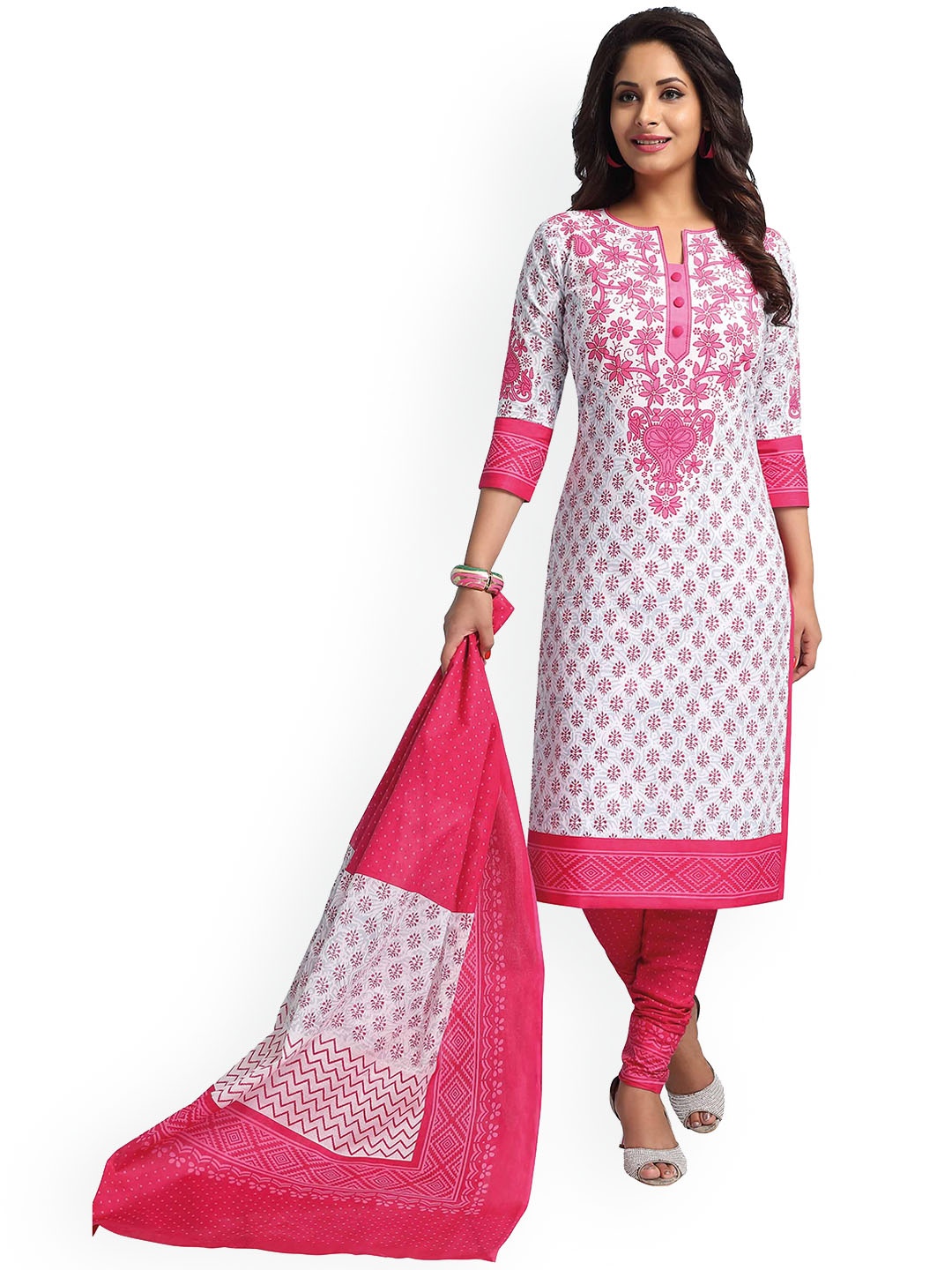 

MIRAAN Floral Printed Noted Neck Pure Cotton Kurta with Churidar & With Dupatta, Pink