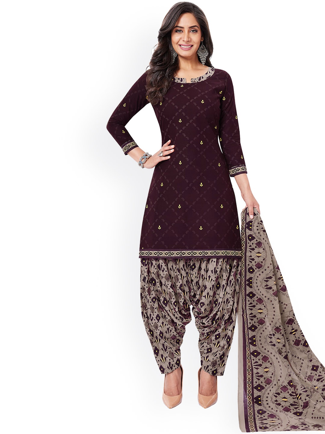 

MIRAAN Ethnic Motifs Printed Pure Cotton Kurta with Patiala & With Dupatta, Purple