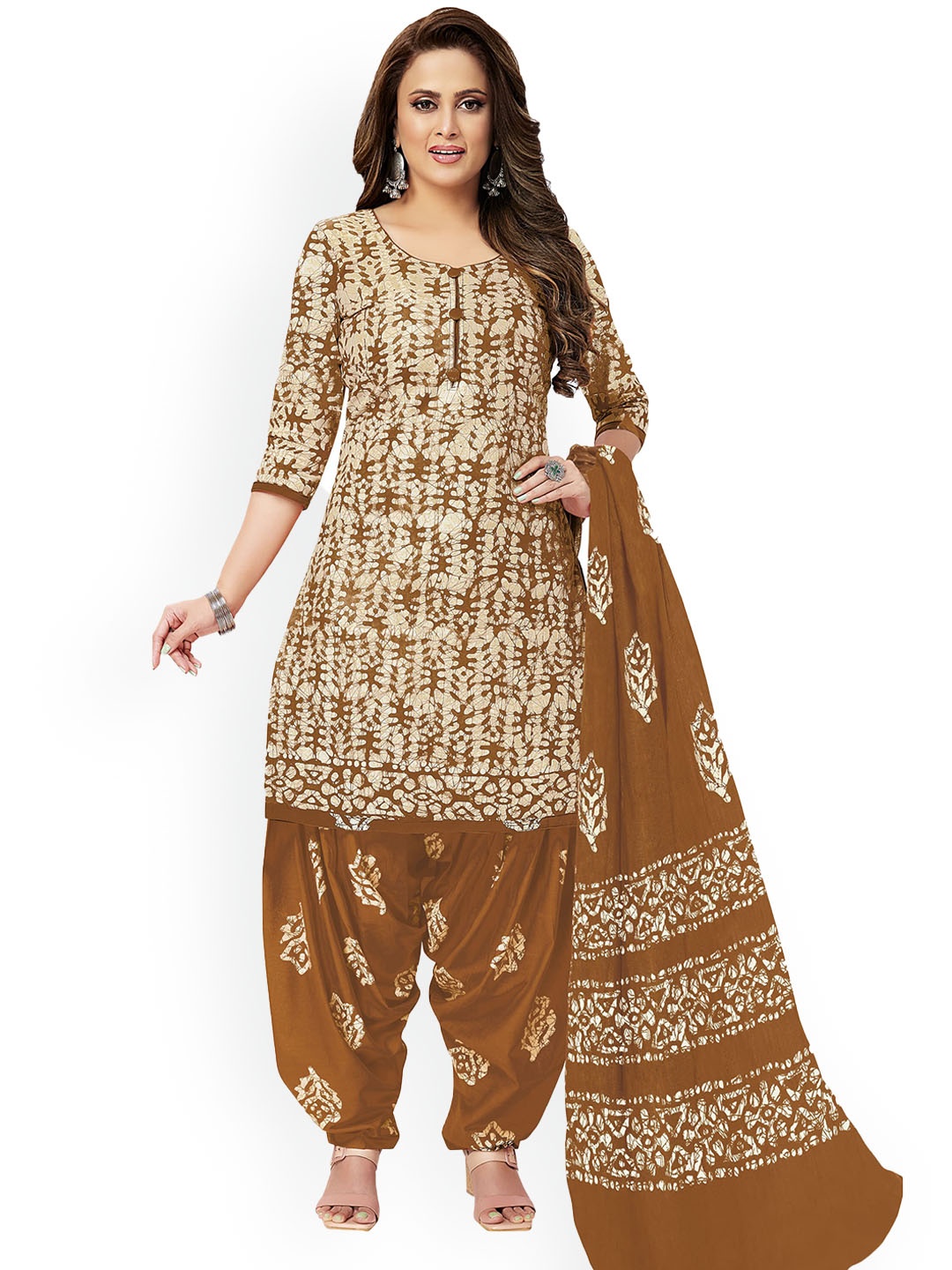 

MIRAAN Ethnic Motifs Printed Pure Cotton Kurta with Patiala & With Dupatta, Brown