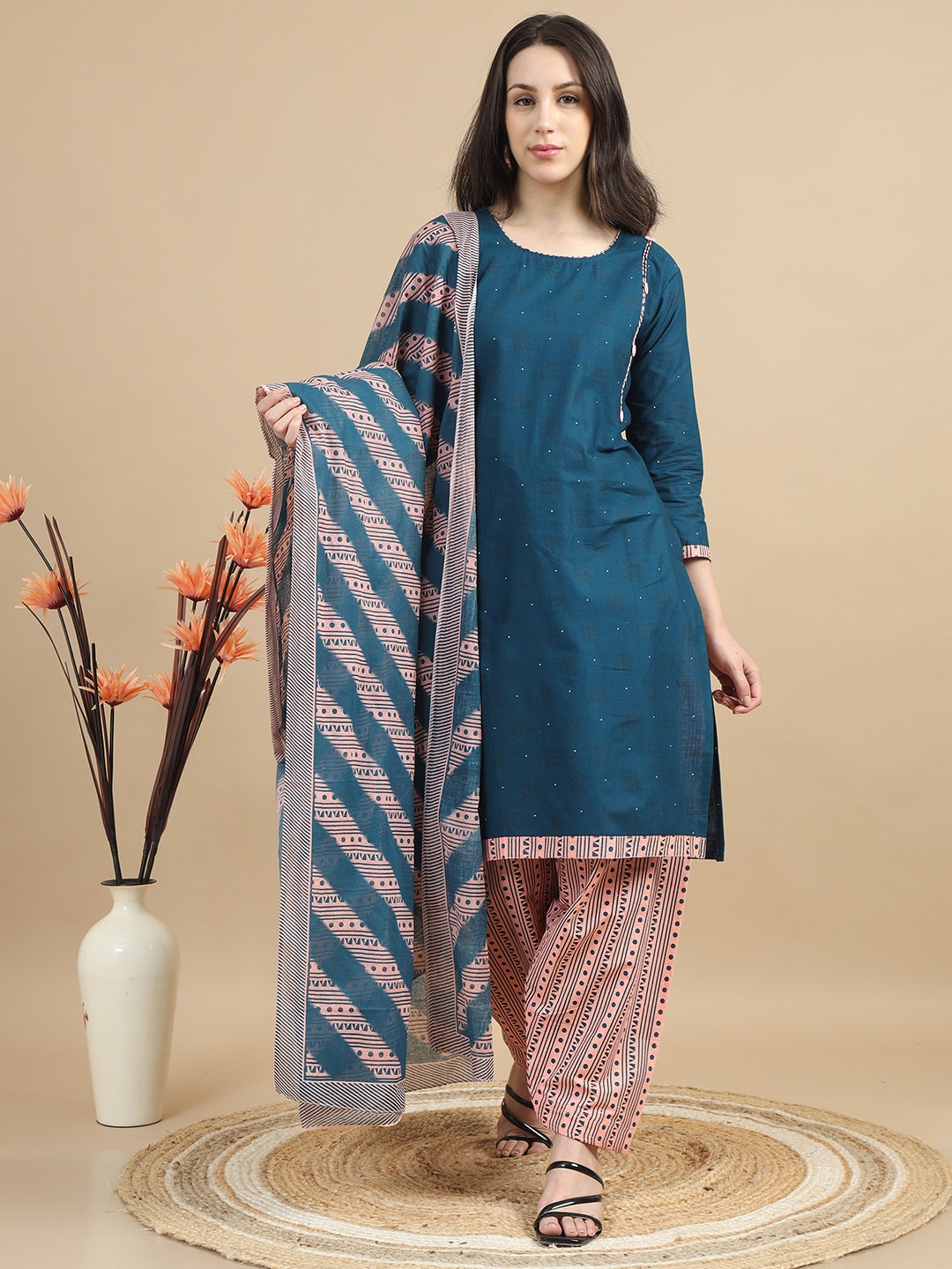 

MIRAAN Geometric Printed Pure Cotton Kurta With Salwar & Dupatta, Blue