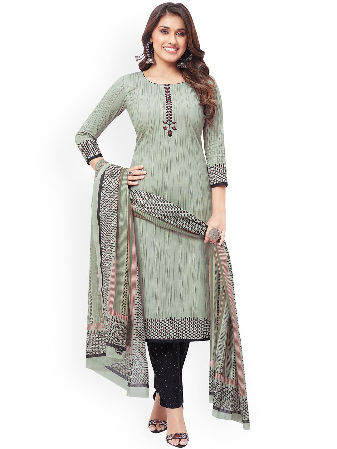

MIRAAN Ethnic Motifs Printed Pure Cotton Kurta with Trousers & With Dupatta, Grey
