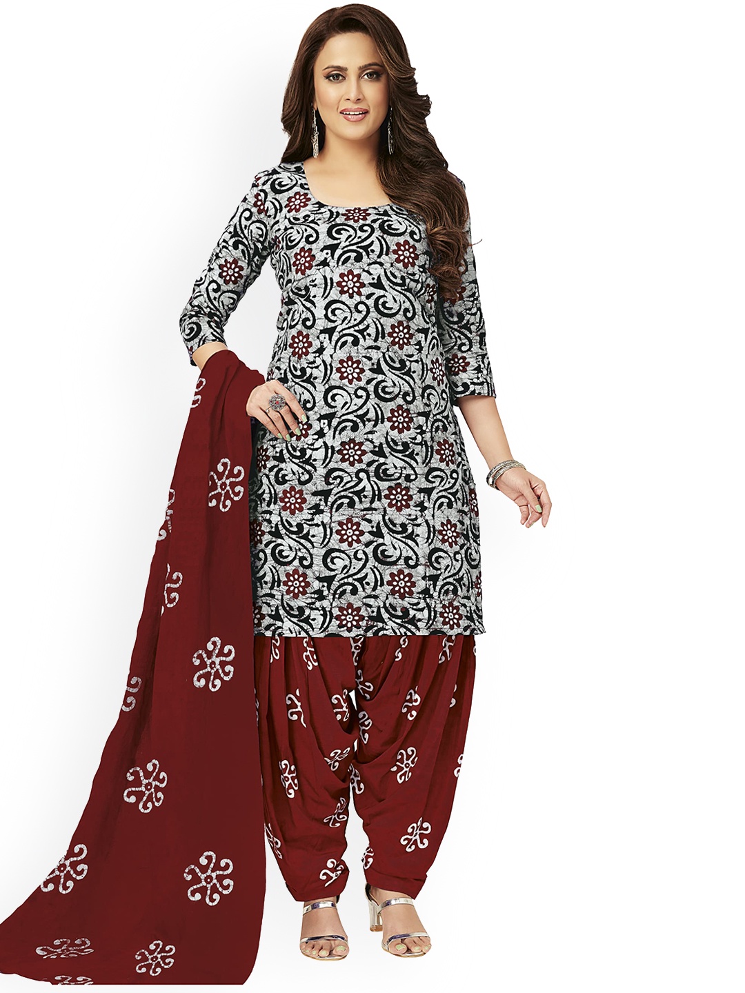 

MIRAAN Ethnic Motifs Printed Pure Cotton Kurta with Patiala & With Dupatta, Grey