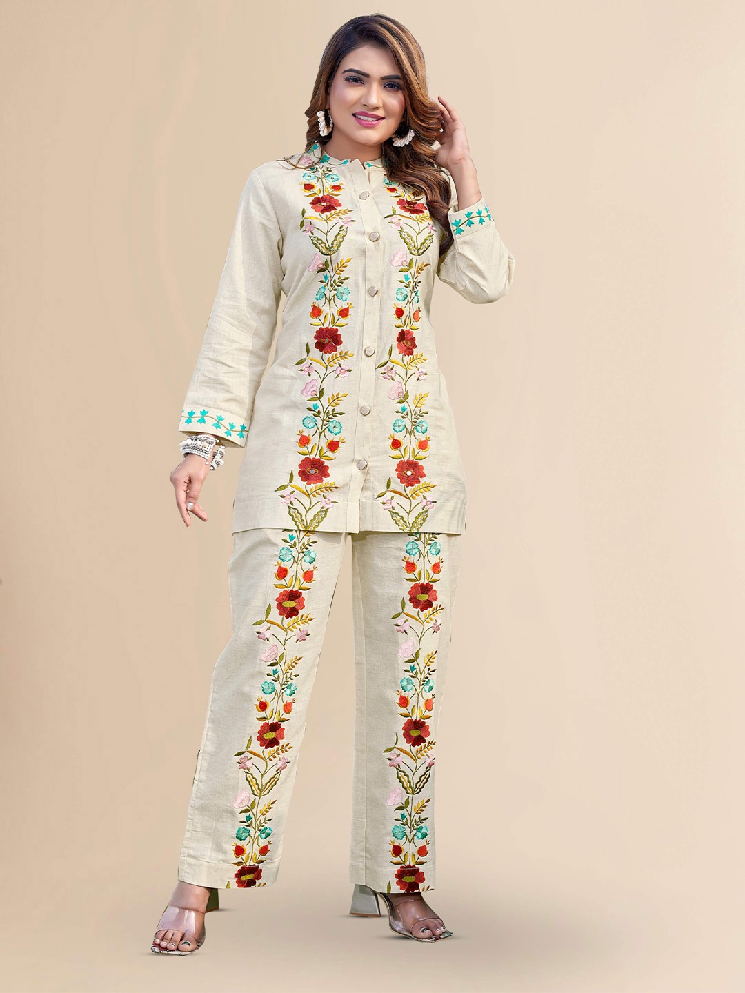 

Krimmple Floral Embroidery Co-Ords Set, Beige