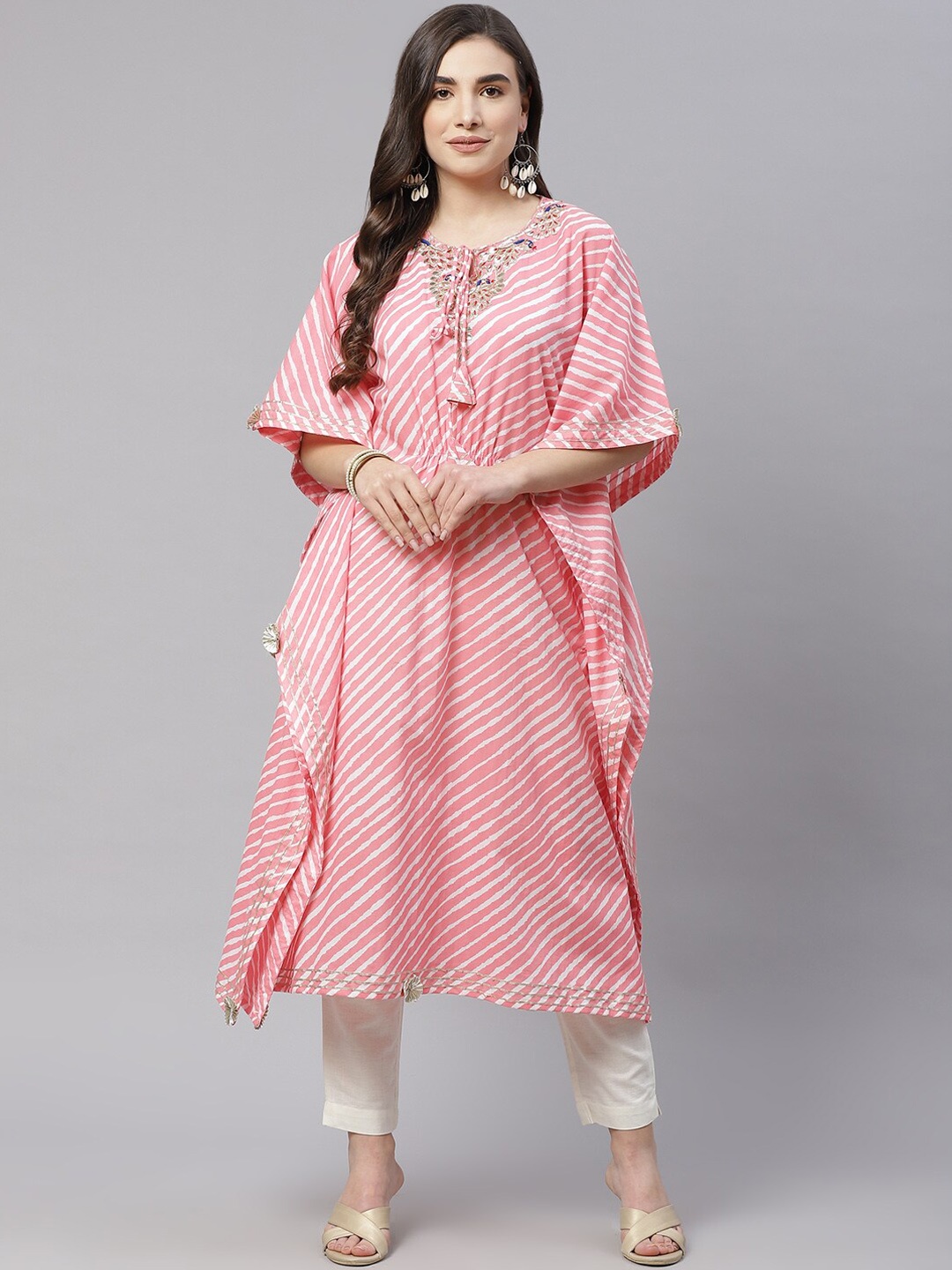 

Divena Striped Tie-Up Neck Flared Sleeves Sequinned Kaftan Kurta, Pink