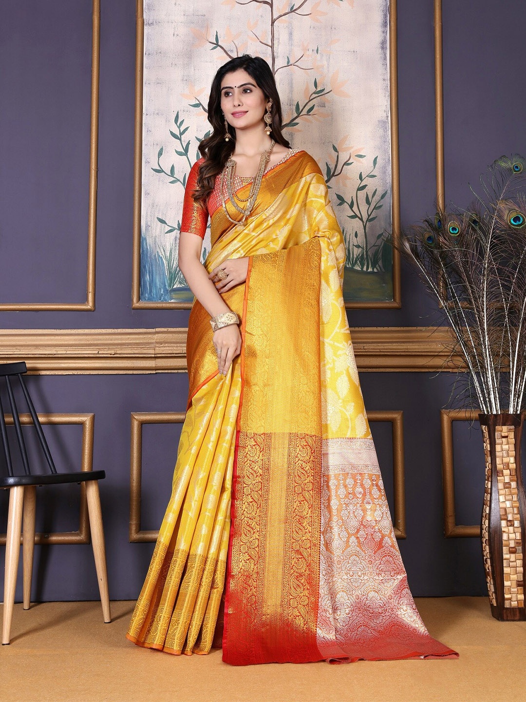 

jayant creation Floral Woven Design Zari Detailed Kanjeevaram Saree, Yellow