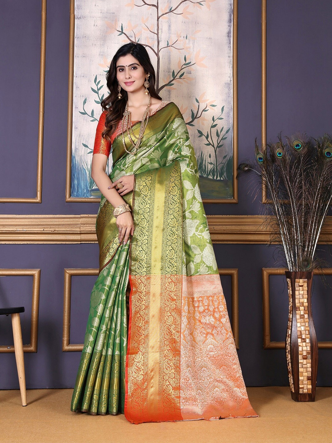 

jayant creation Ethnic Motifs Woven Design Zari Kanjeevaram Saree, Green